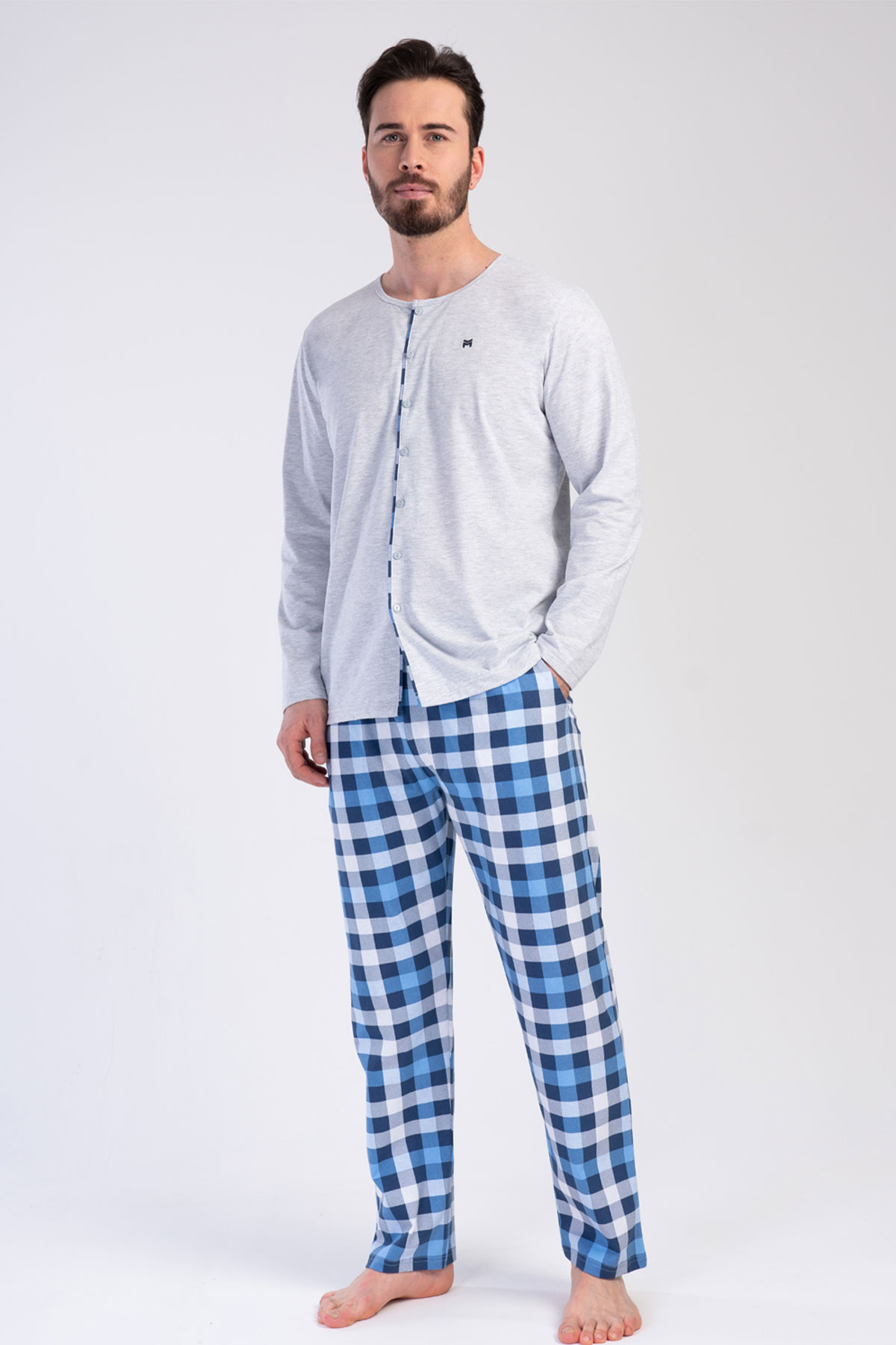 Erkek Tamamı Düğmeli Uzun Kol Pijama Takım
