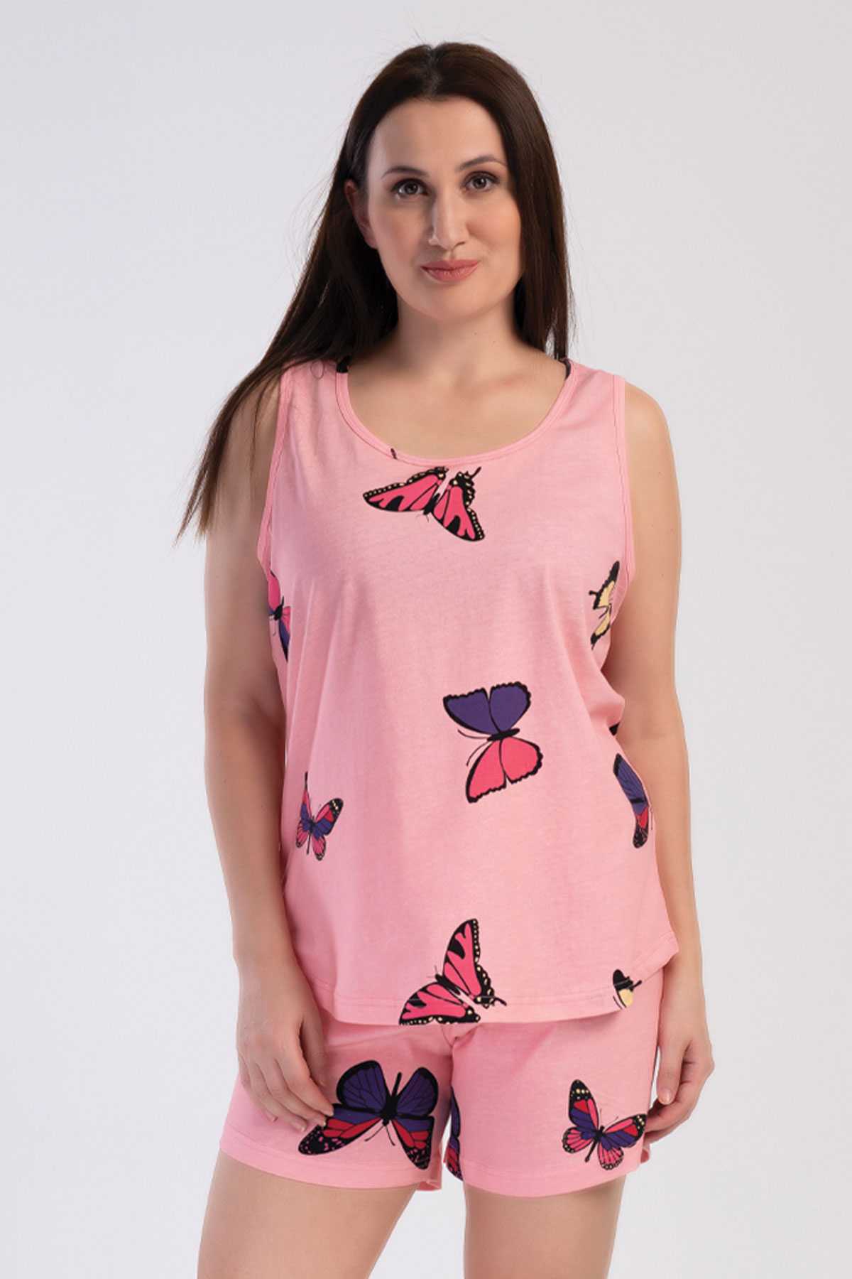 Pamuklu Kadın Büyük Beden Kalın Askılı Şortlu Pijama Takım
