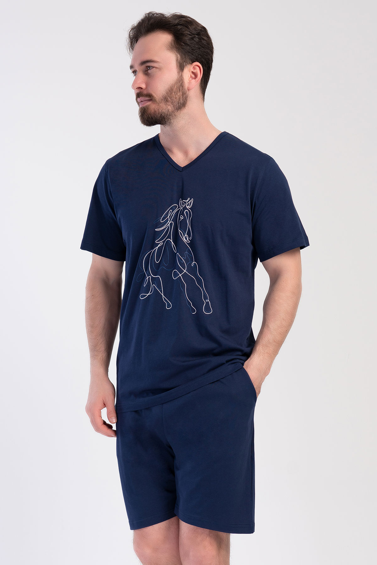 Pamuklu Erkek Büyük Beden V Yaka Kısa Kol Şortlu Pijama Takım
