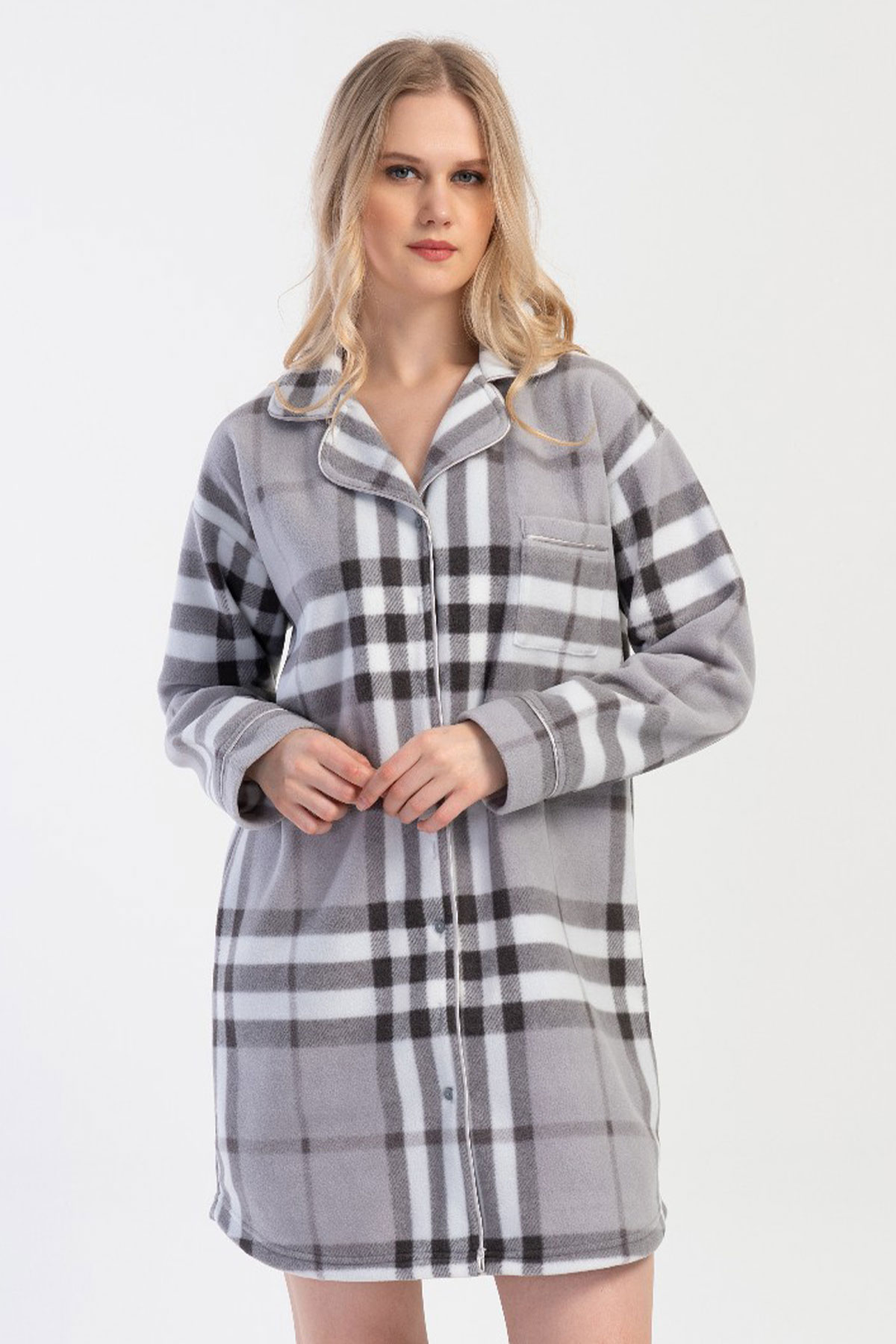 Kadın Polar Gömlek Yaka Tamamı Düğmeli Uzun Kol Gomlek Gecelik
