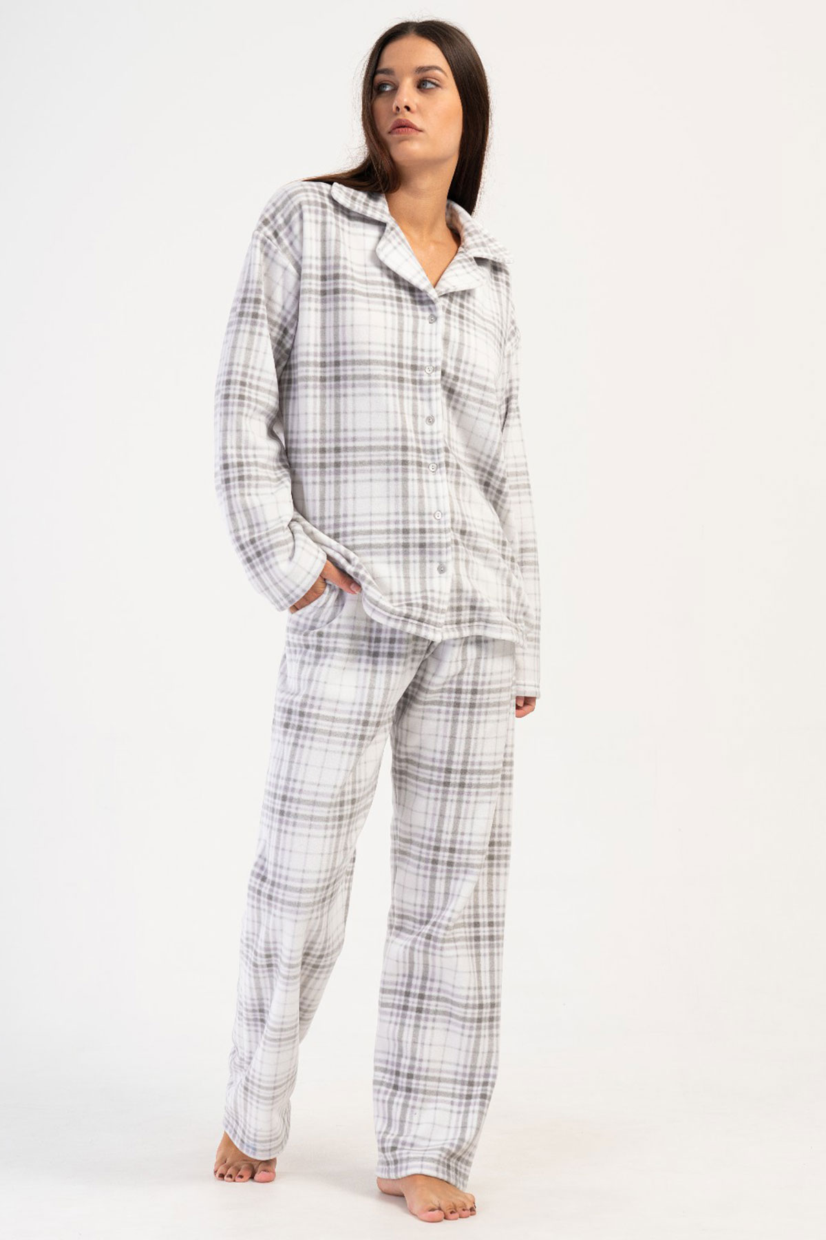 Kadın Polar Tamamı Düğmeli Uzun Kol Pijama Takım
