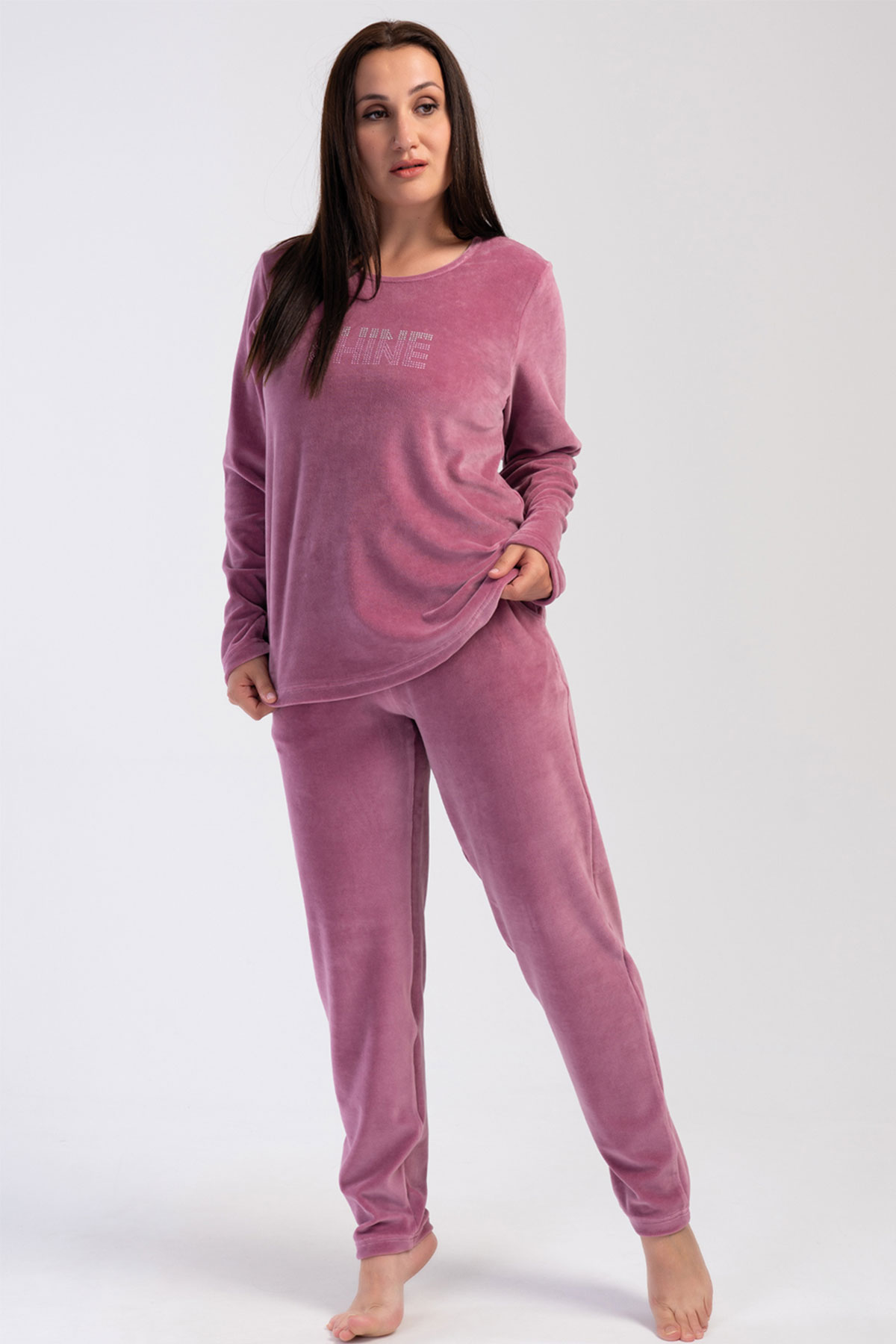 Kadın Kadife büyük Beden Uzun Kol Pijama Takım

