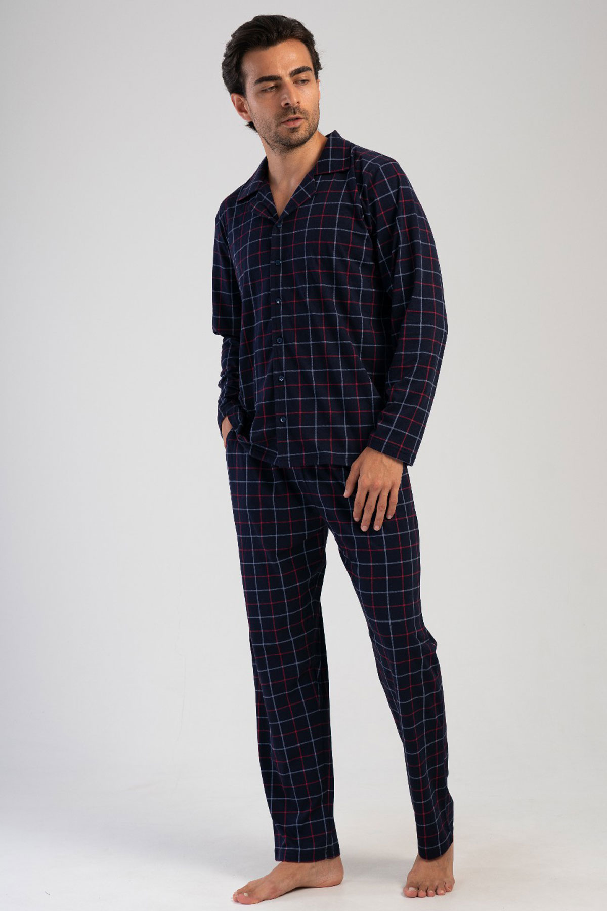 Pamuklu Erkek Yaka Tamamı Düğmeli Uzun Kol Pijama Takım
