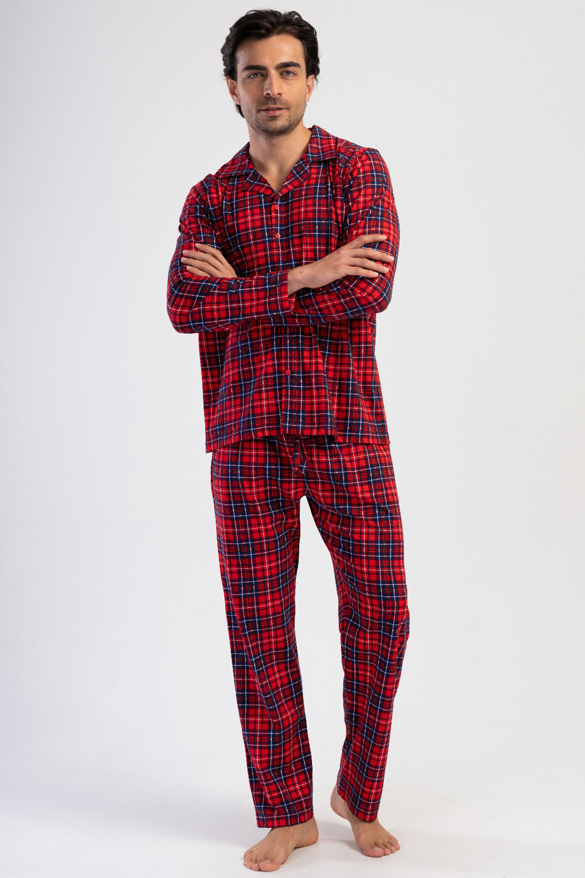 Pamuklu Erkek Yaka Tamamı Düğmeli Uzun Kol Pijama Takım
