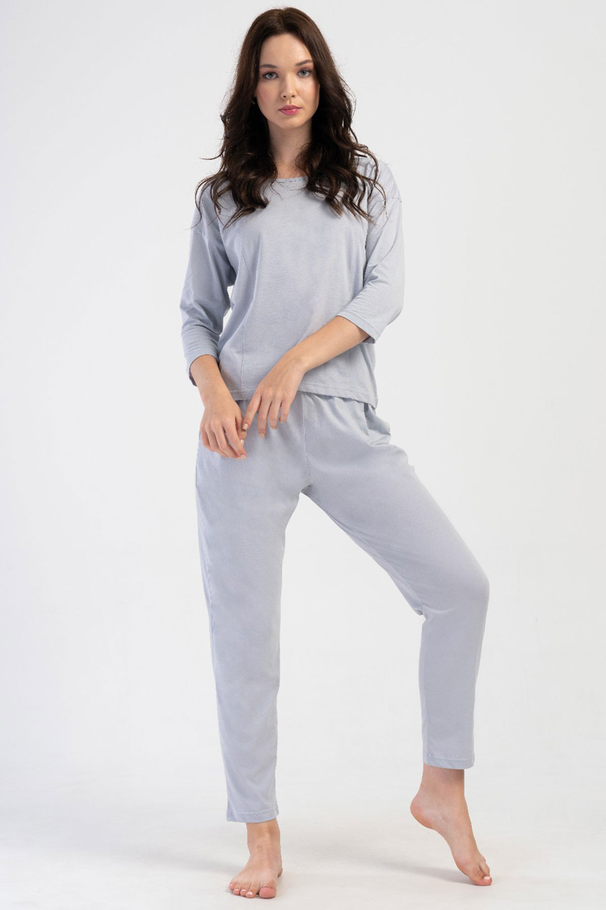 Pamuklu Kadın Düşük Omuzlu 3/4Kol Pılelı Pijama Takım
