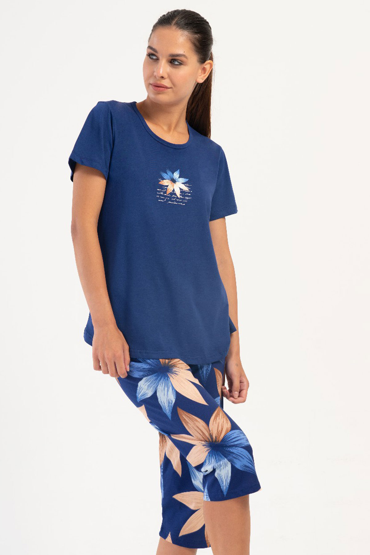 Pamuklu Kadın Kısa Kol Kaprili Pijama Takım
