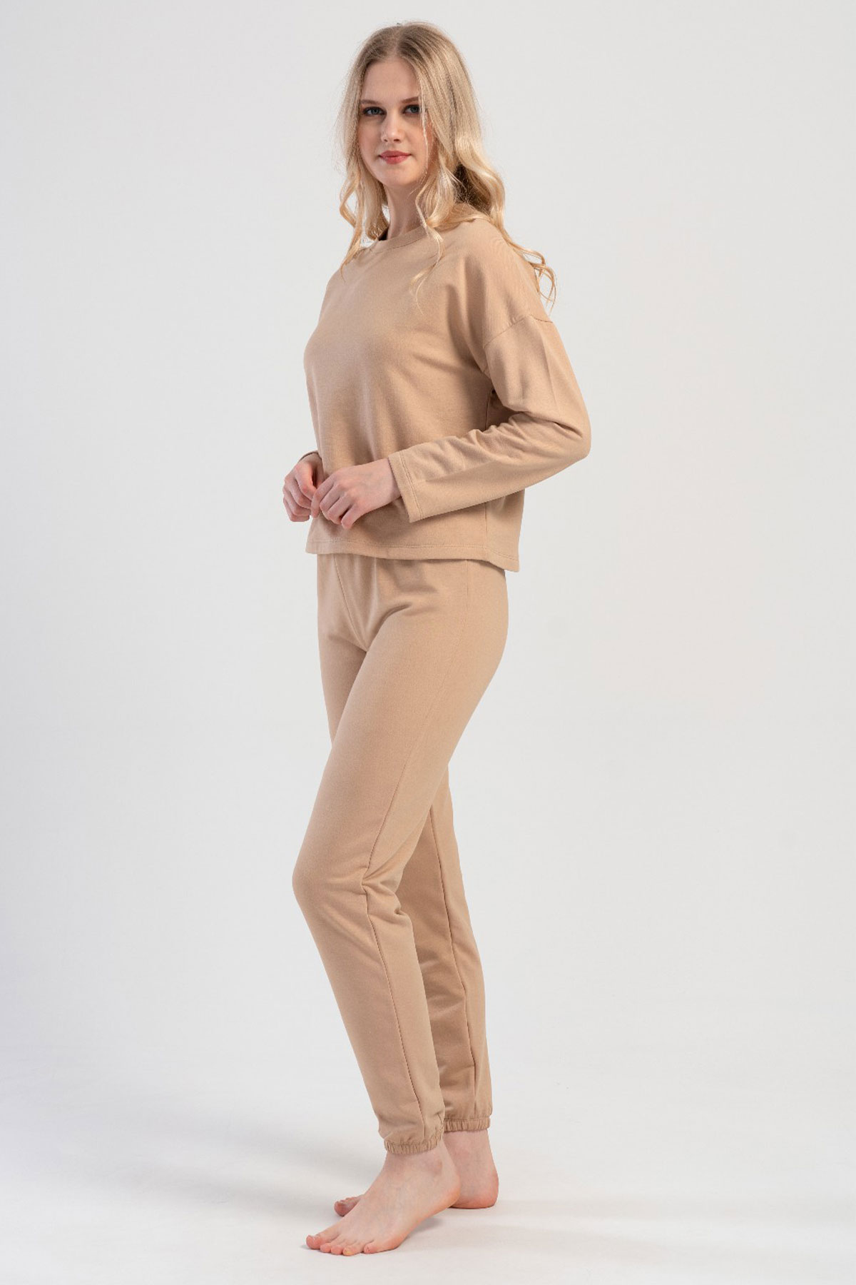Kadın Modal Düşük Omuzlu Uzun Kol Pacası Lastıklı Pijama Takım
