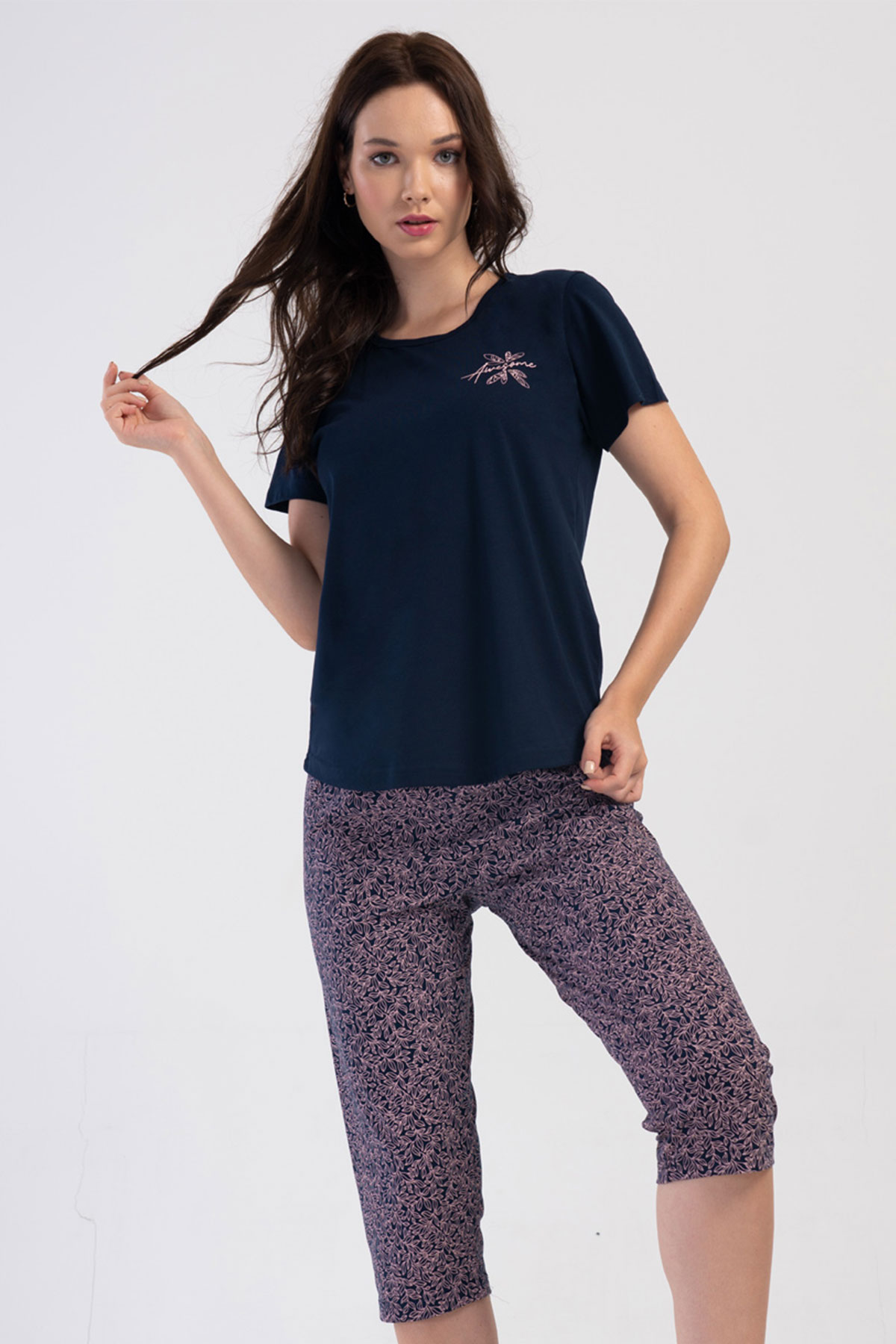 Pamuklu Kadın Kısa Kol Kaprili Pijama Takım
