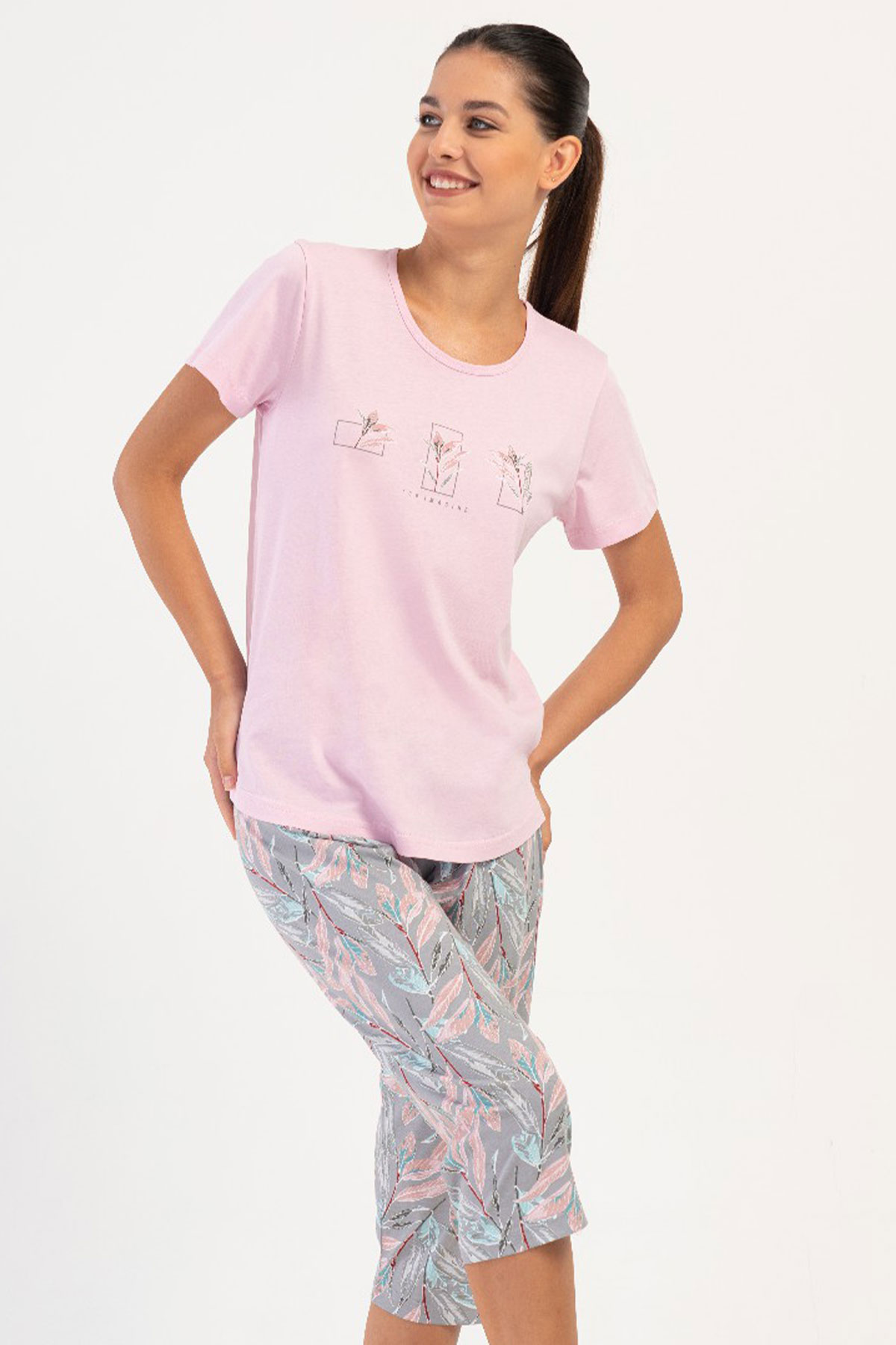 Pamuklu Kadın Kısa Kol Kaprili Pijama Takım
