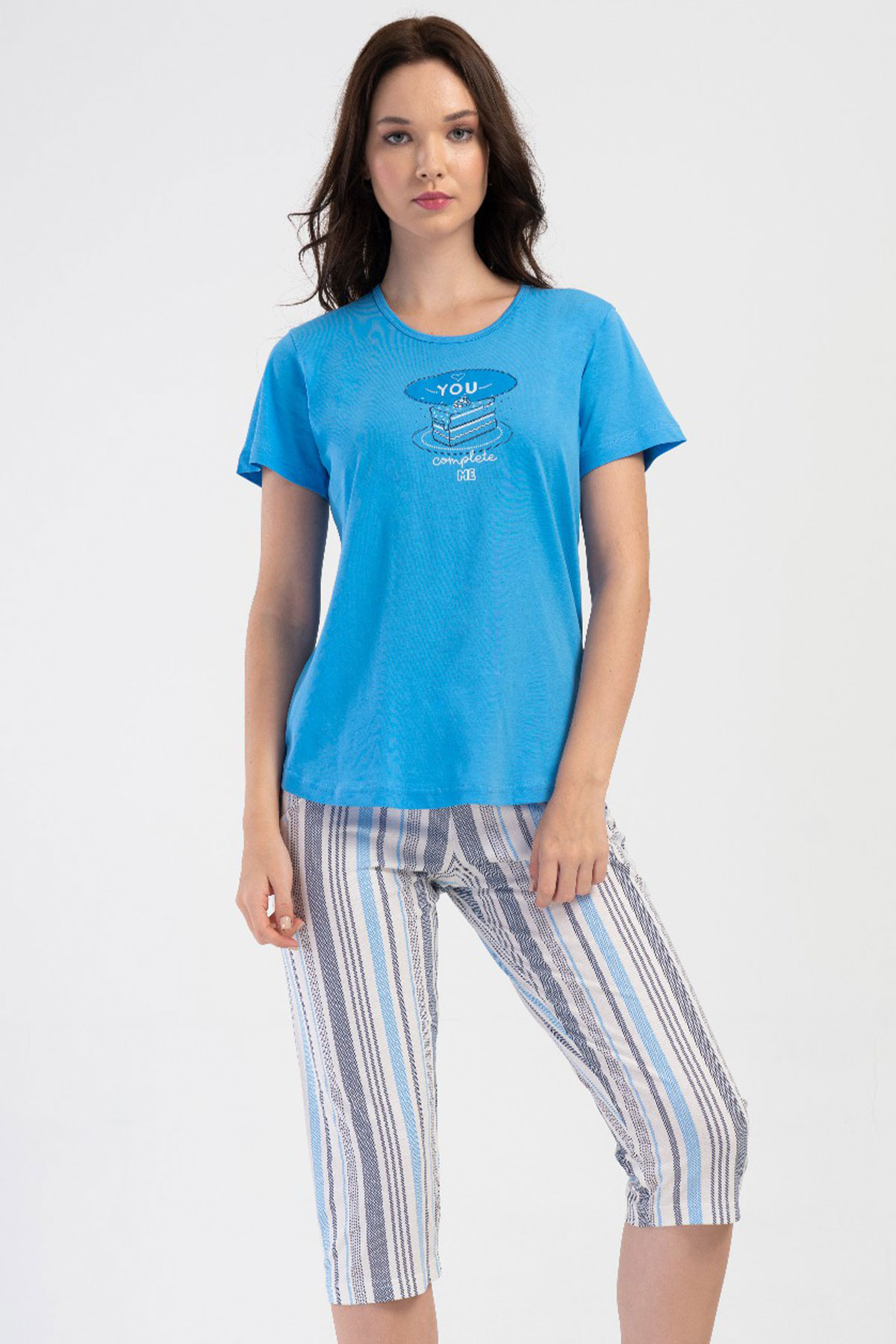 Pamuklu Kadın Kısa Kol Kaprili Pijama Takım
