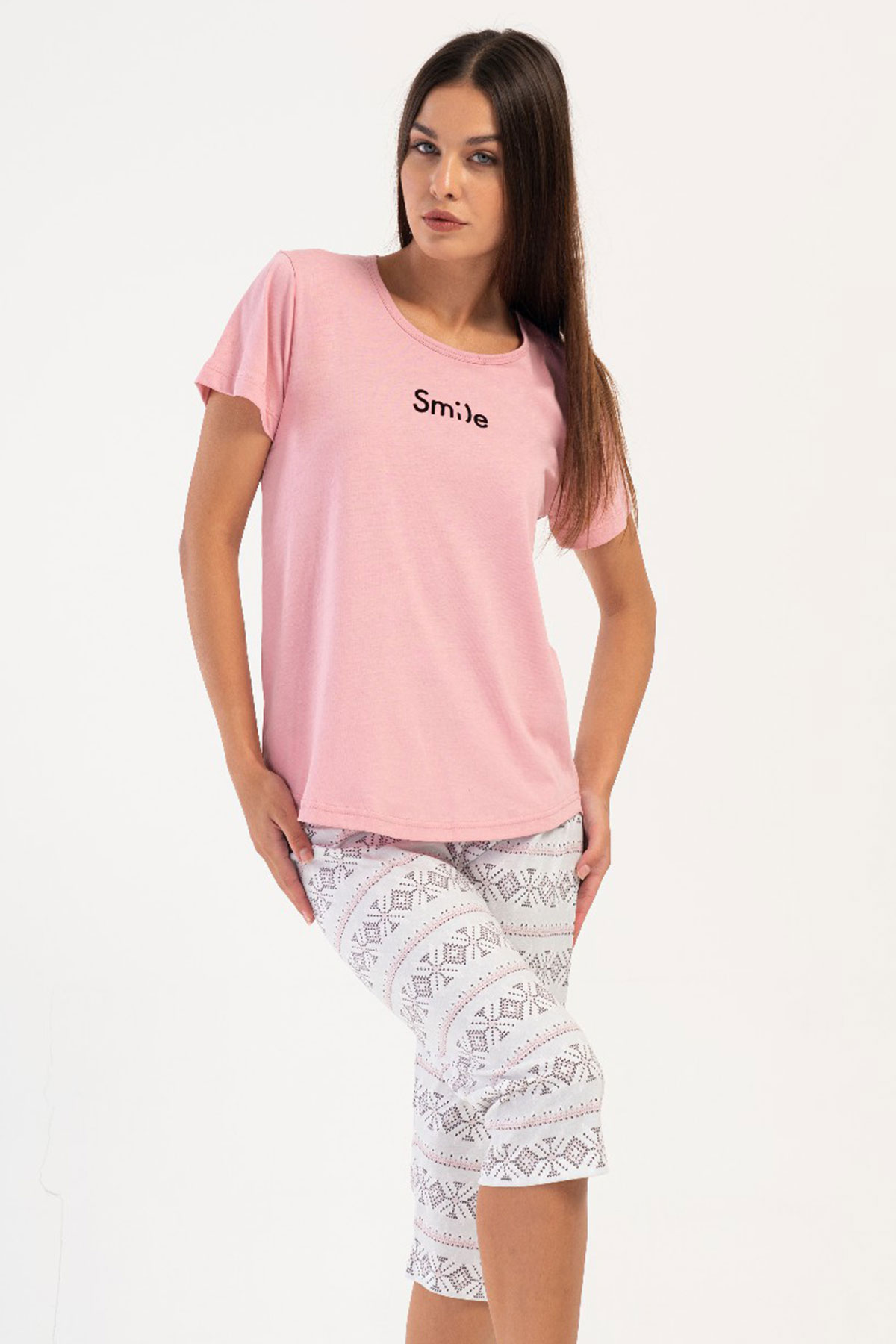 Pamuklu Kadın Kısa Kol Kaprili Pijama Takım
