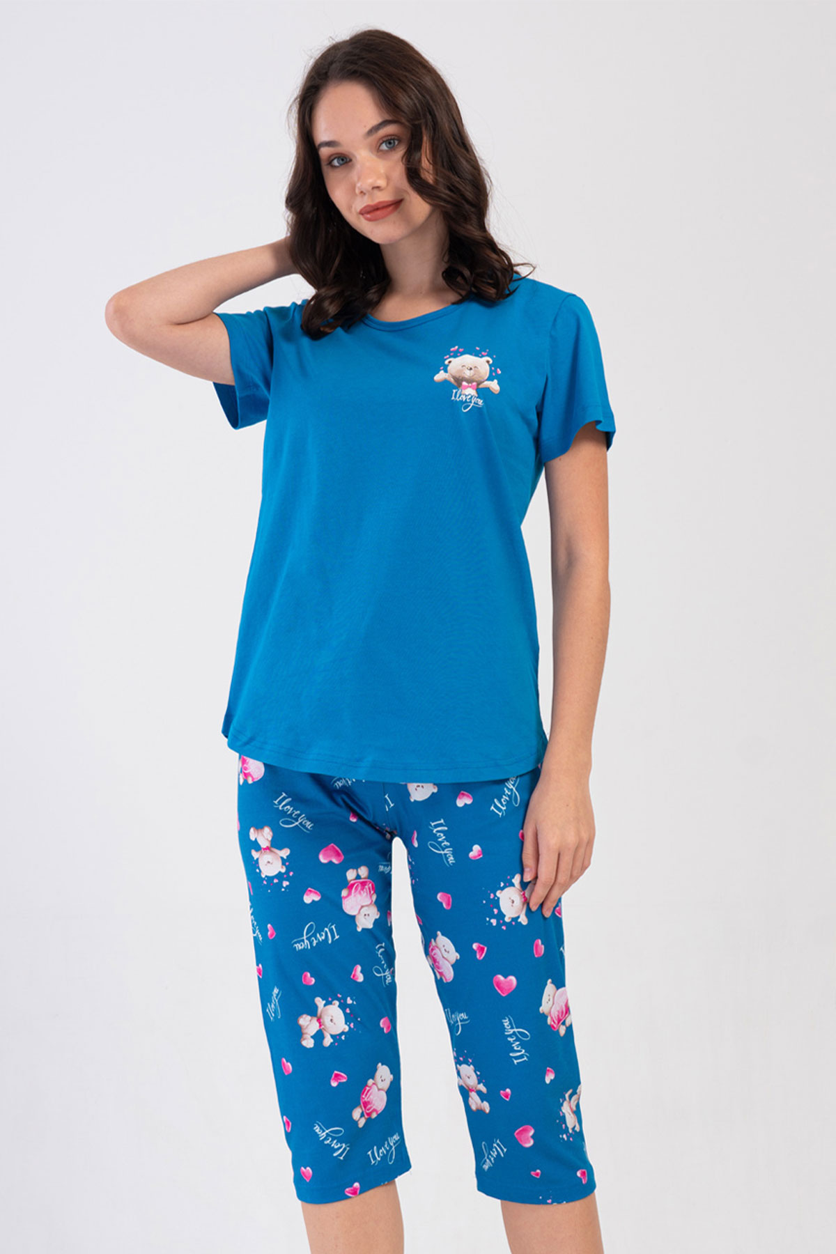 Pamuklu Kadın Kısa Kol Kaprili Pijama Takım
