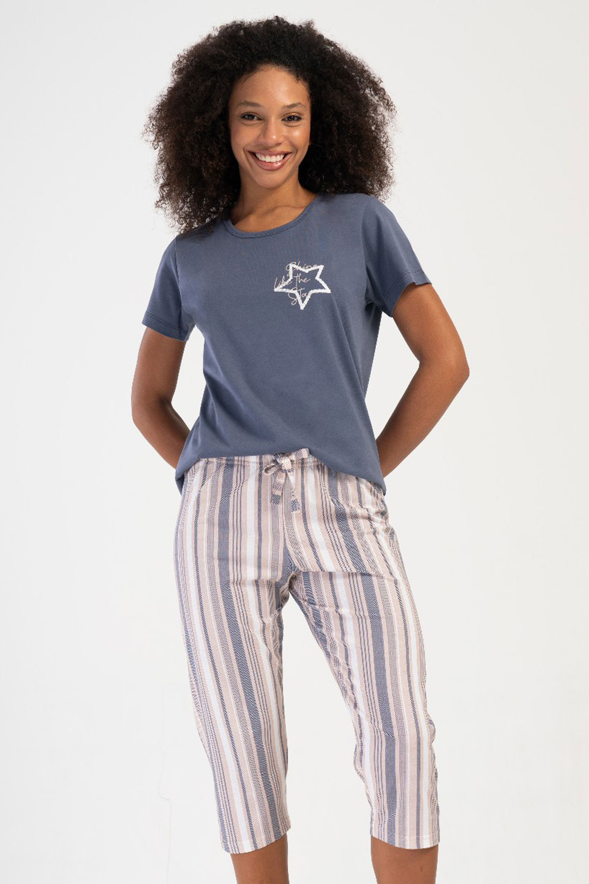 Pamuklu Kadın Kısa Kol Kaprili Pijama Takım
