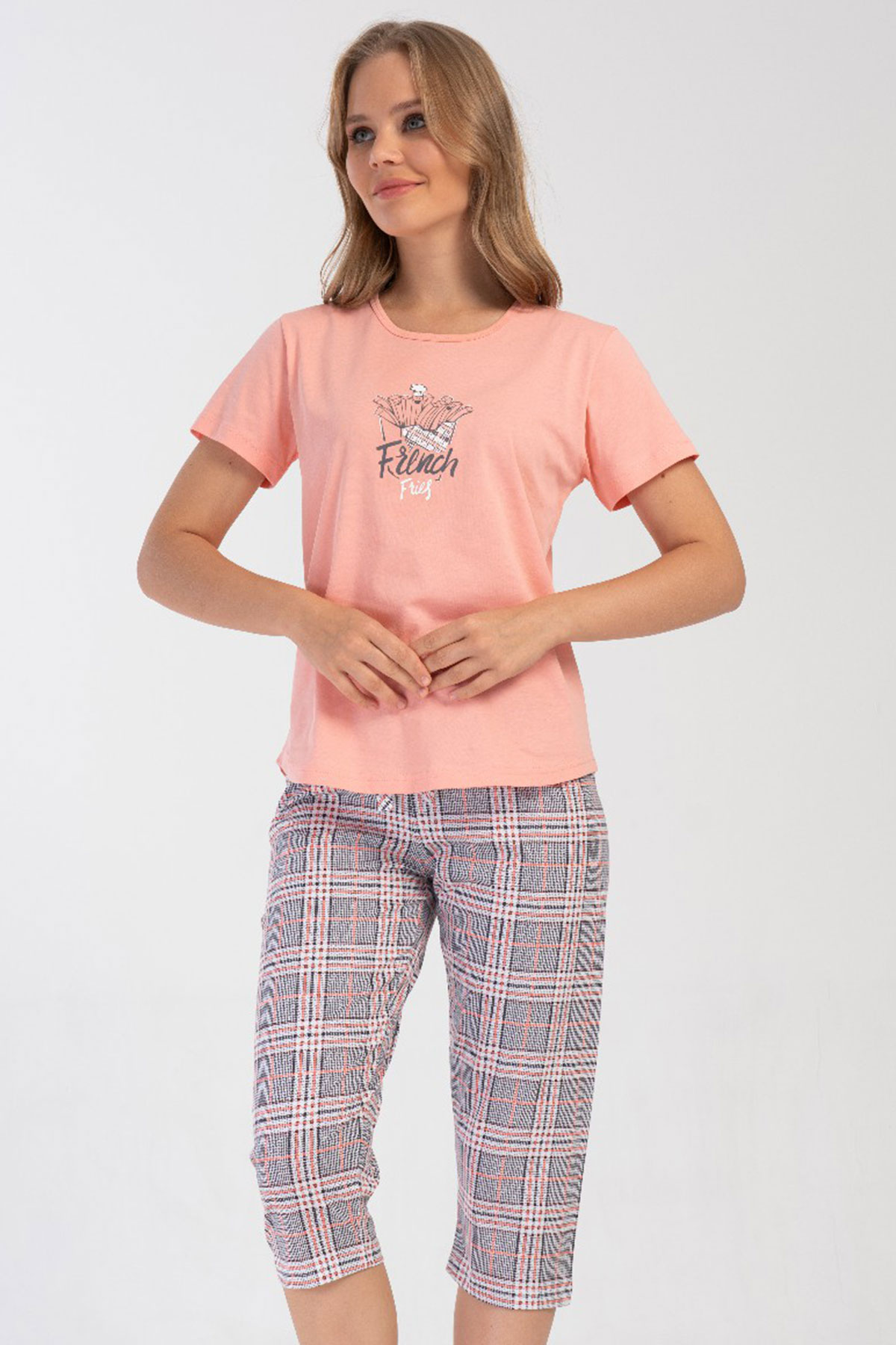 Pamuklu Kadın Kısa Kol Kaprili Pijama Takım
