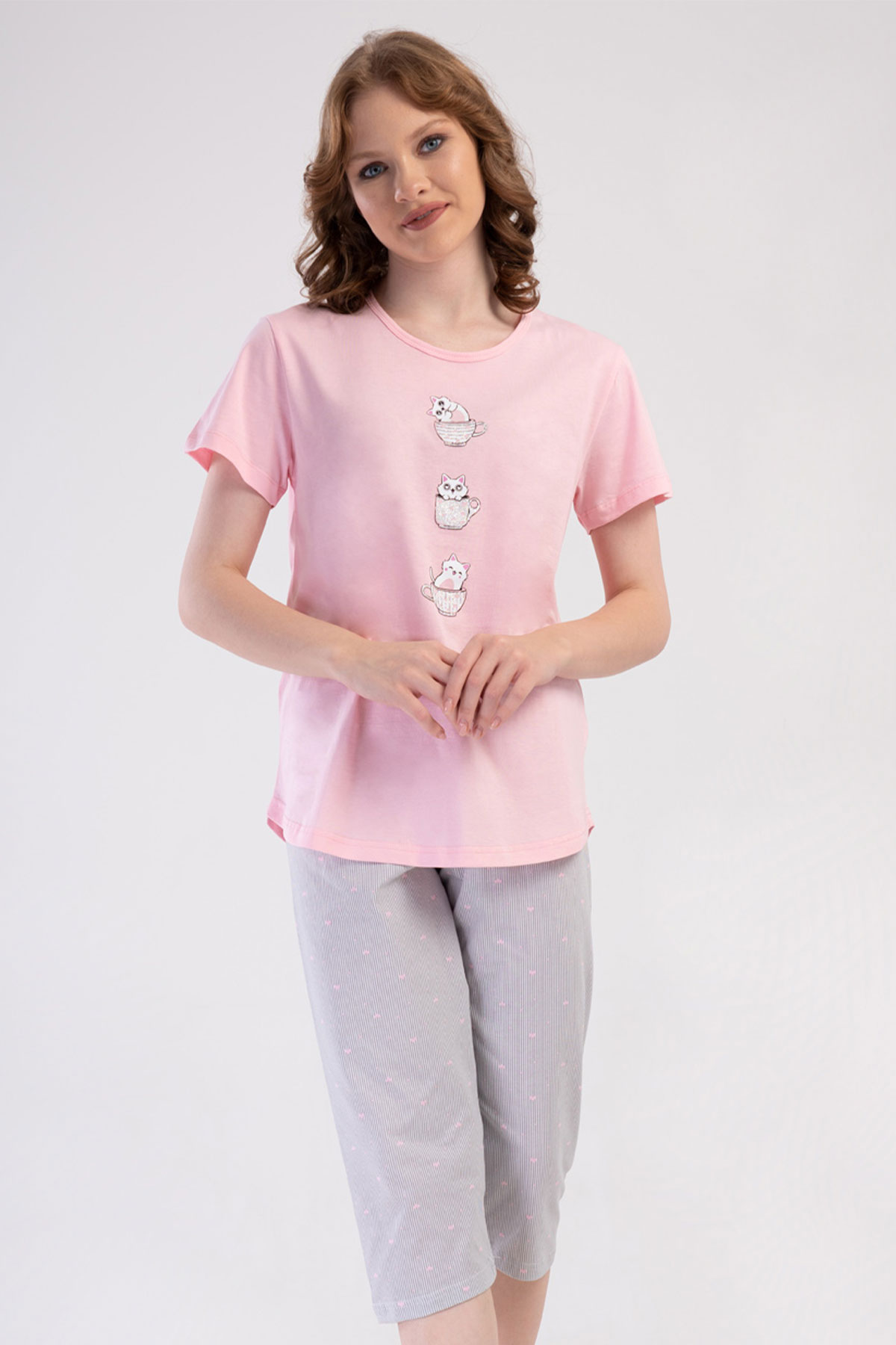 Pamuklu Kadın Kısa Kol Kaprili Pijama Takım
