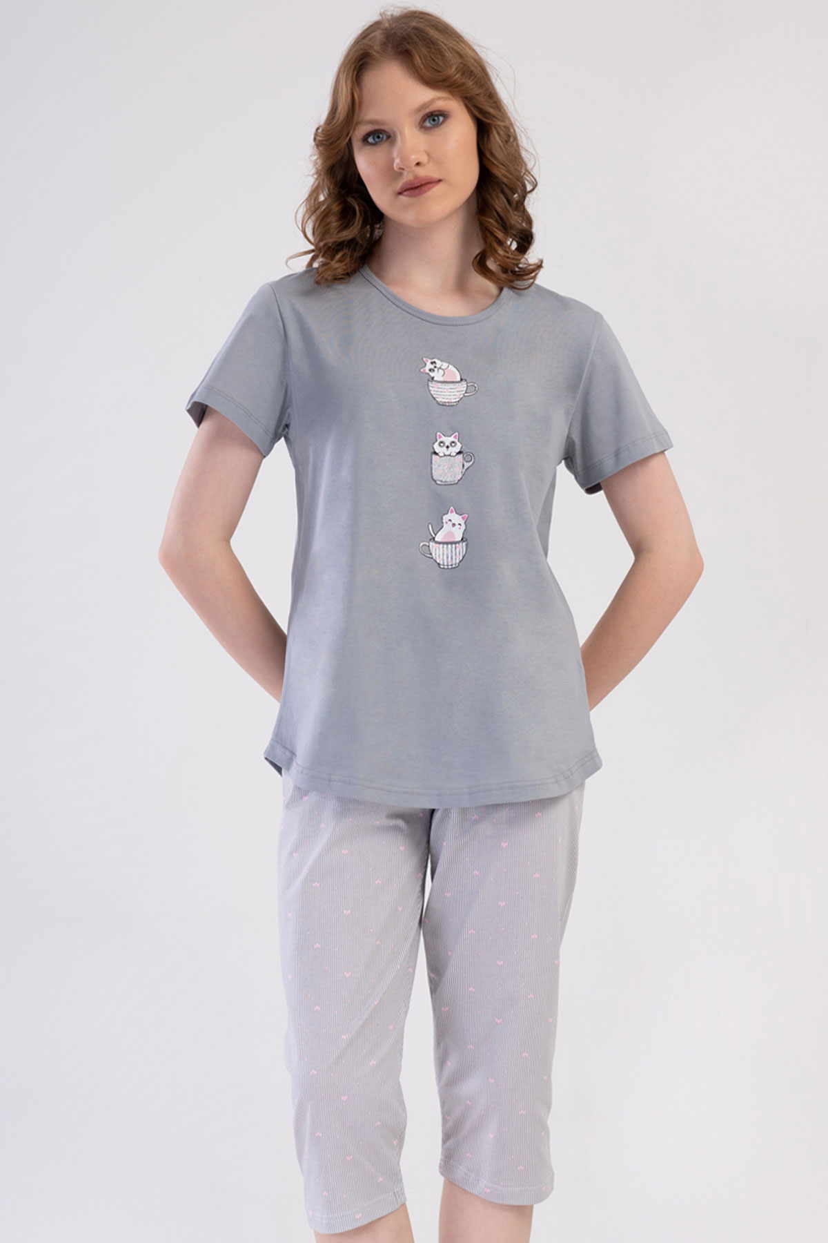 Pamuklu Kadın Kısa Kol Kaprili Pijama Takım
