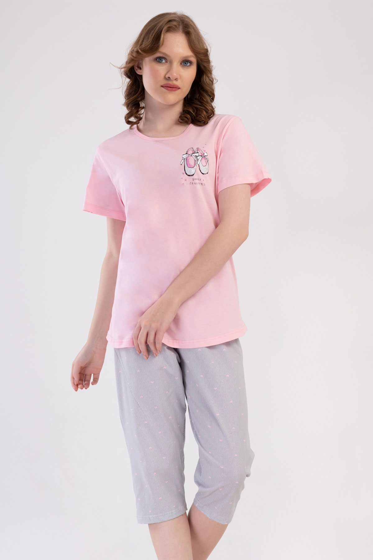 Pamuklu Kadın Büyük Beden Kısa Kol Kaprili Pijama Takım
