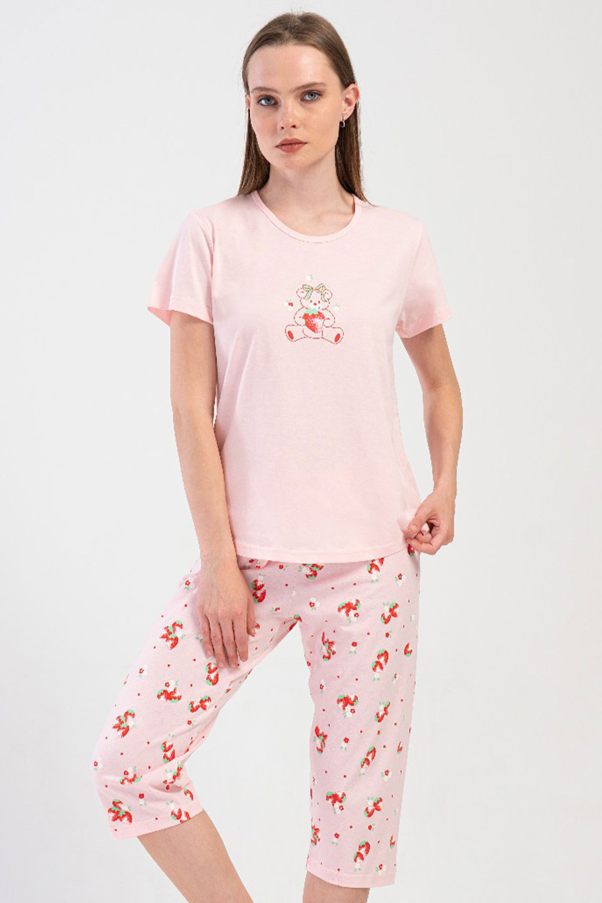 Pamuklu Kadın Kısa Kol Kaprili Pijama Takım
