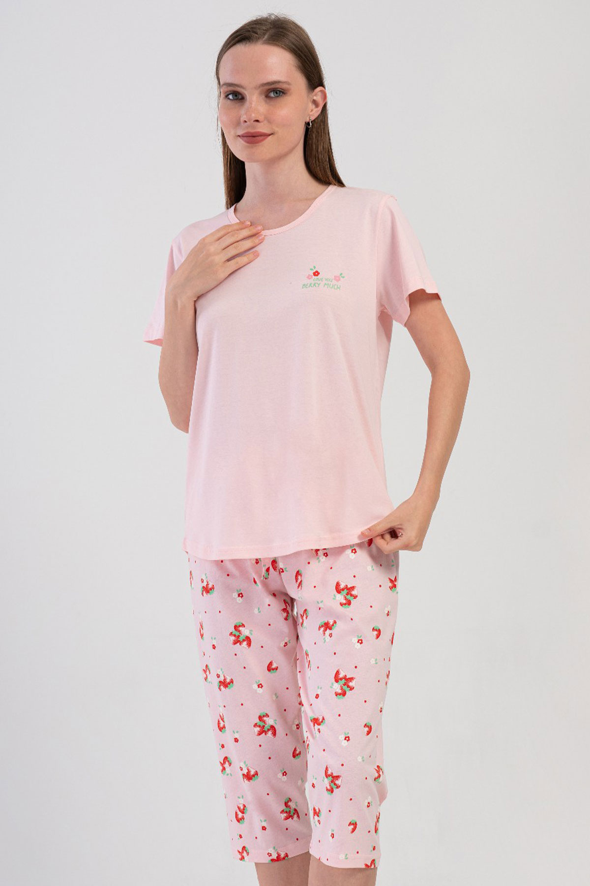 Pamuklu Kadın Büyük Beden Kısa Kol Kaprili Pijama Takım
