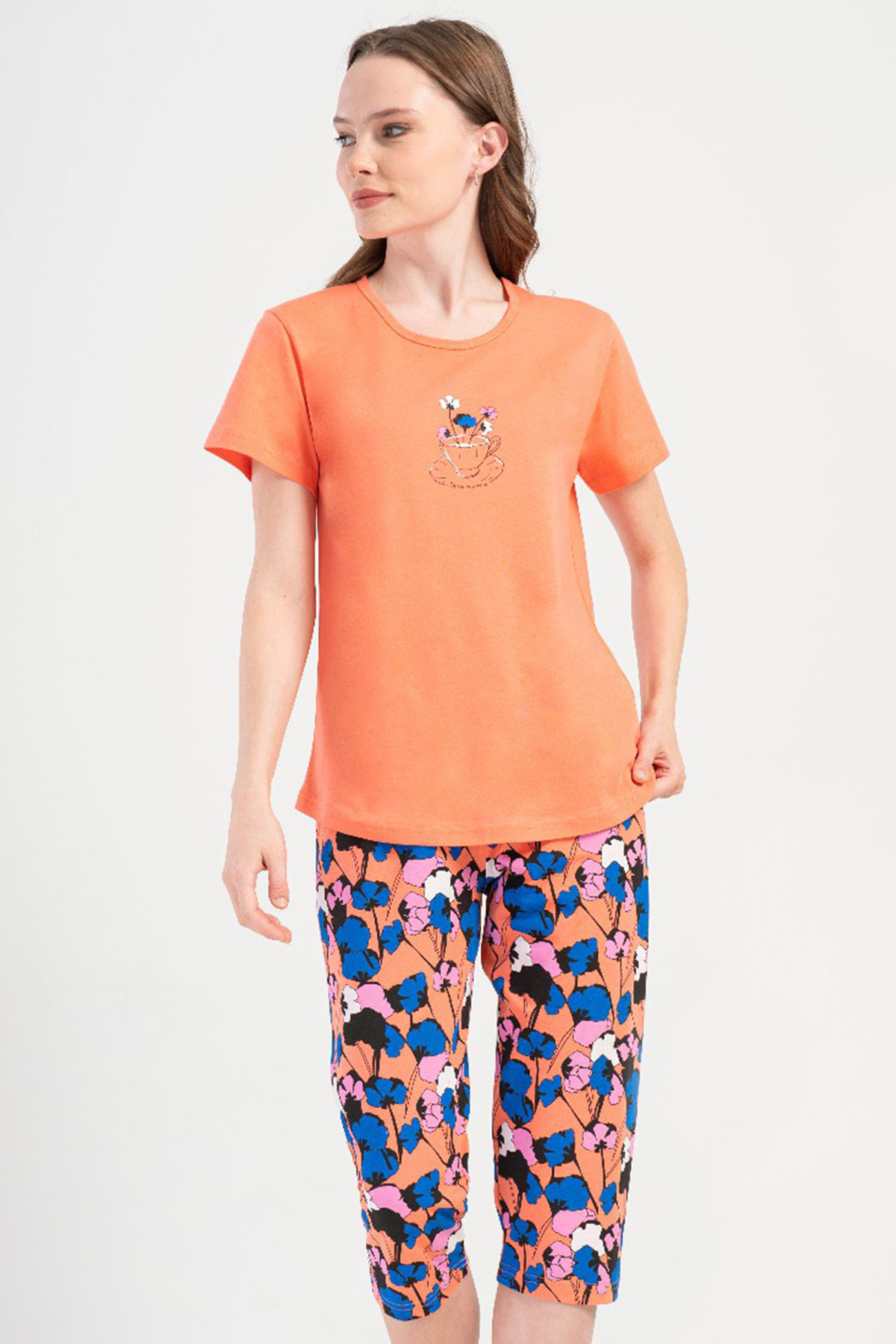 Pamuklu Kadın Kısa Kol Kaprili Pijama Takım
