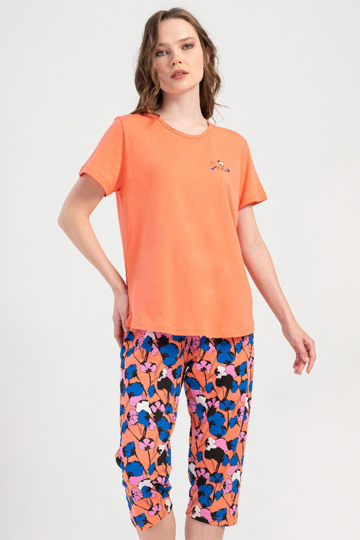 Pamuklu Kadın Büyük Beden Kısa Kol Kaprili Pijama Takım
