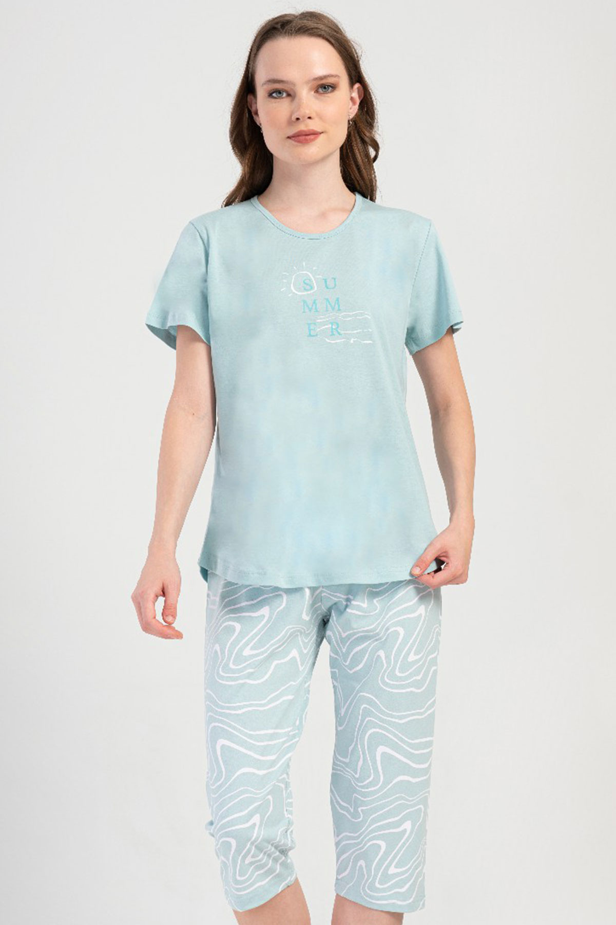 Pamuklu Kadın Büyük Beden Kısa Kol Kaprili Pijama Takım

