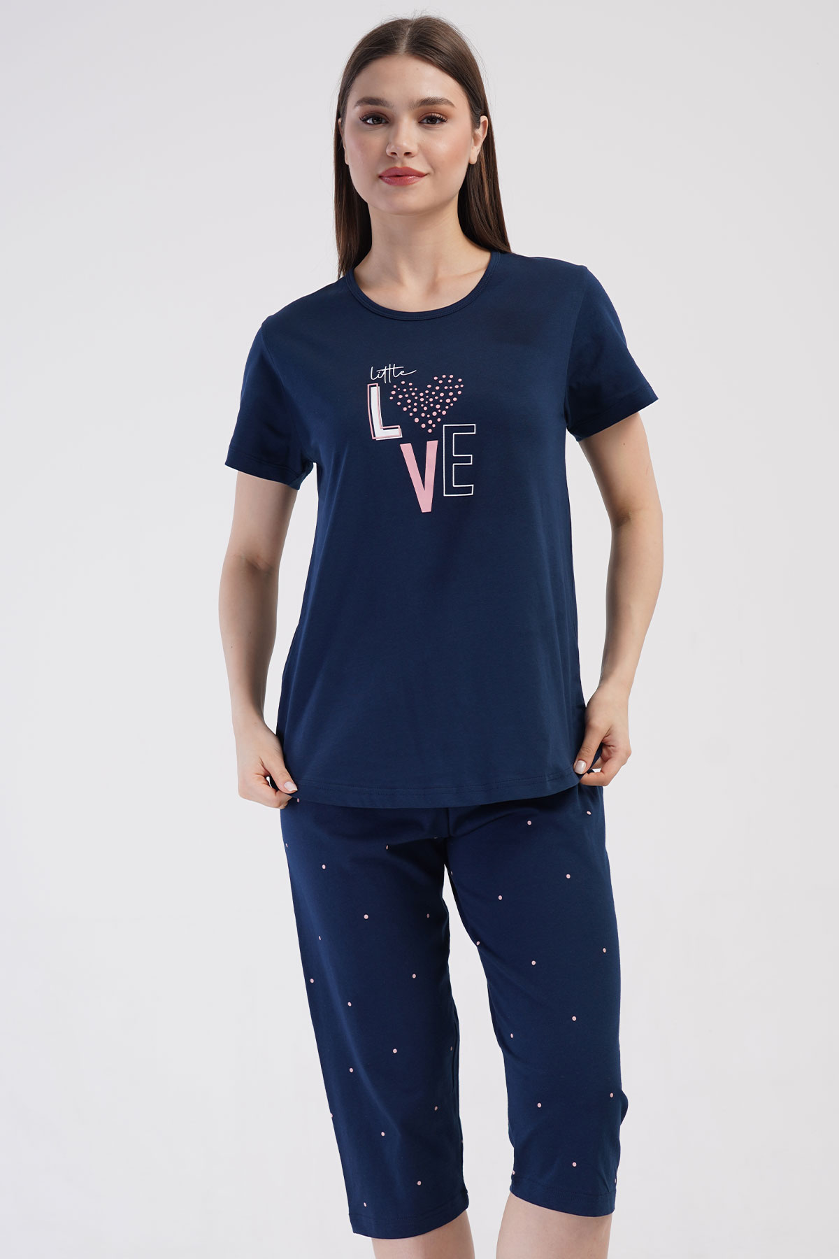 Pamuklu Kadın Büyük Beden Kısa Kol Kaprili Pijama Takım
