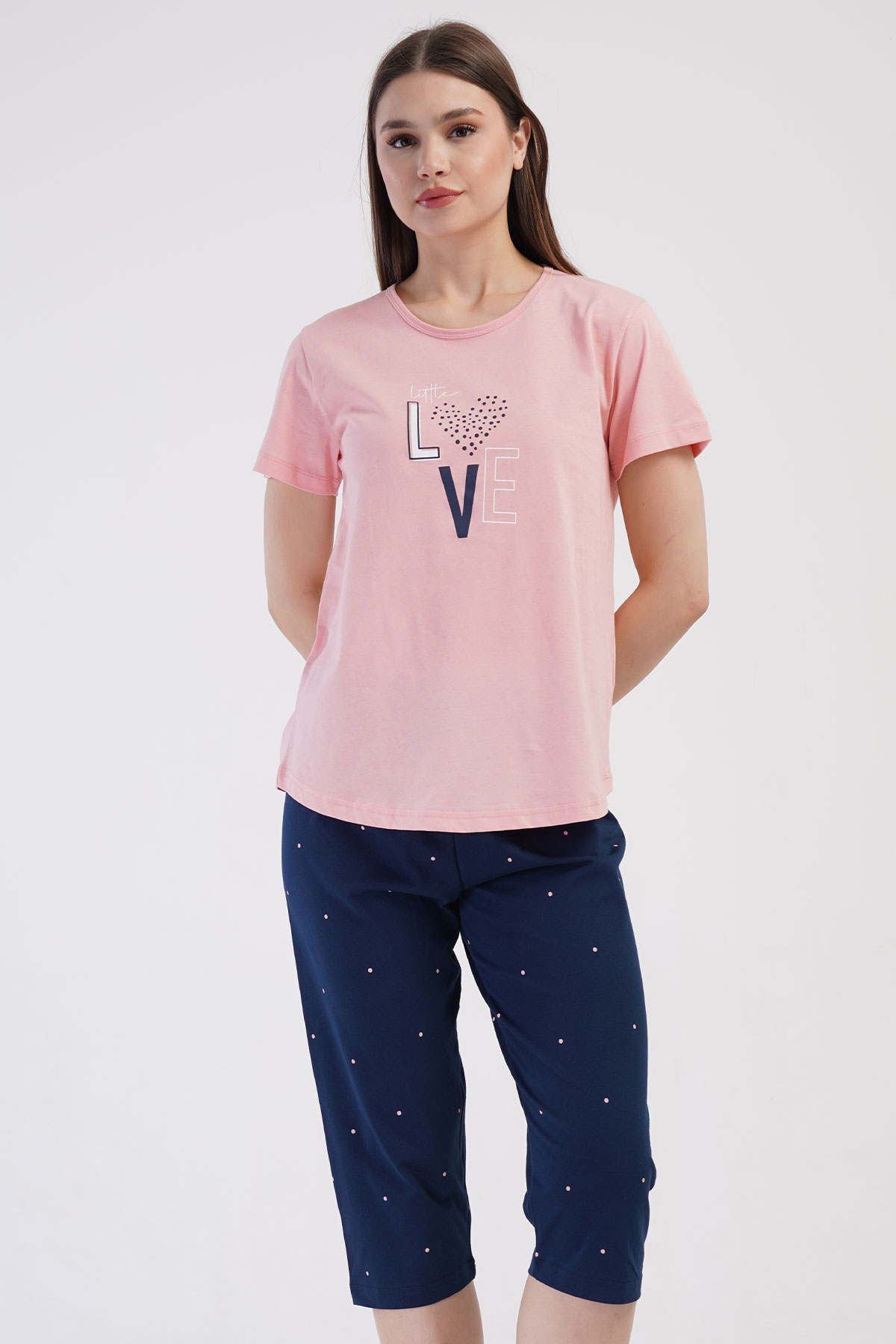 Pamuklu Kadın Büyük Beden Kısa Kol Kaprili Pijama Takım
