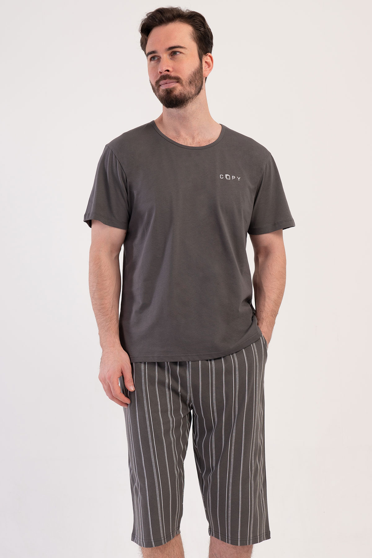 Pamuklu Erkek Kısa Kol Kaprili Pijama Takım
