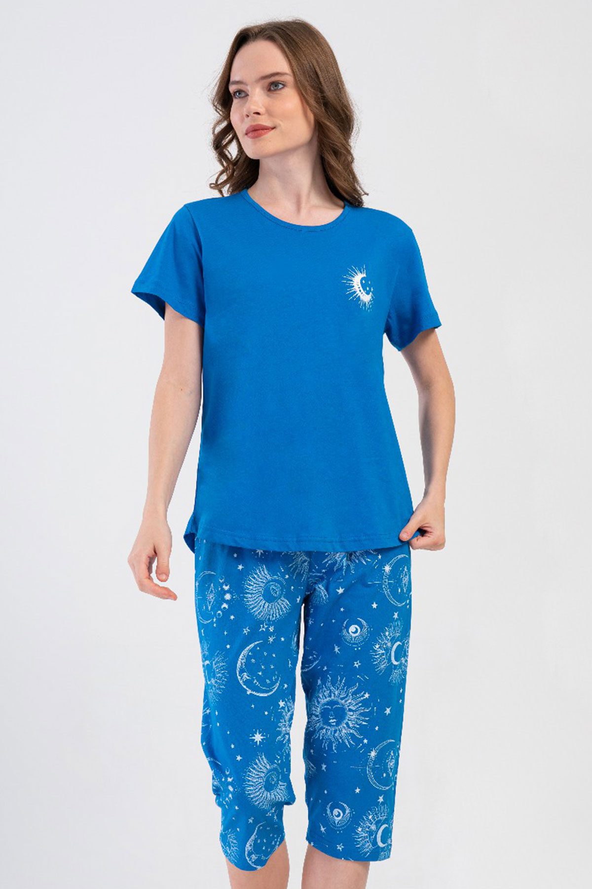 Pamuklu Kadın Büyük Beden Kısa Kol Kaprili Pijama Takım
