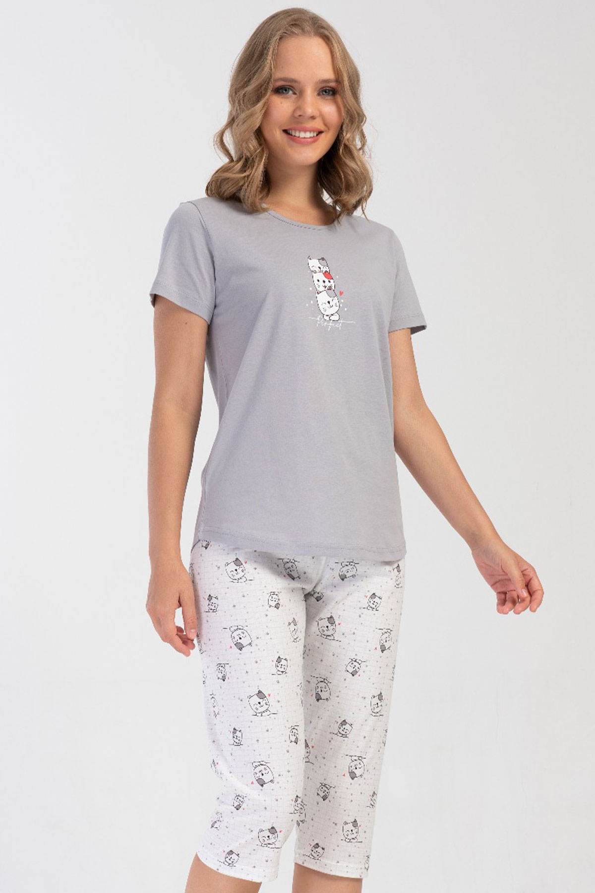 Pamuklu Kadın Kısa Kol Kaprili Pijama Takım

