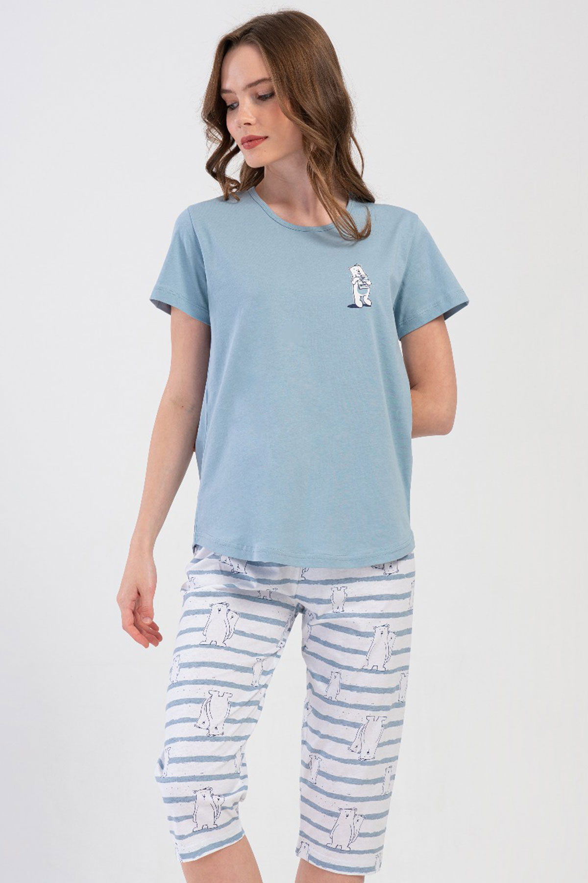 Pamuklu Kadın Kısa Kol Kaprili Pijama Takım
