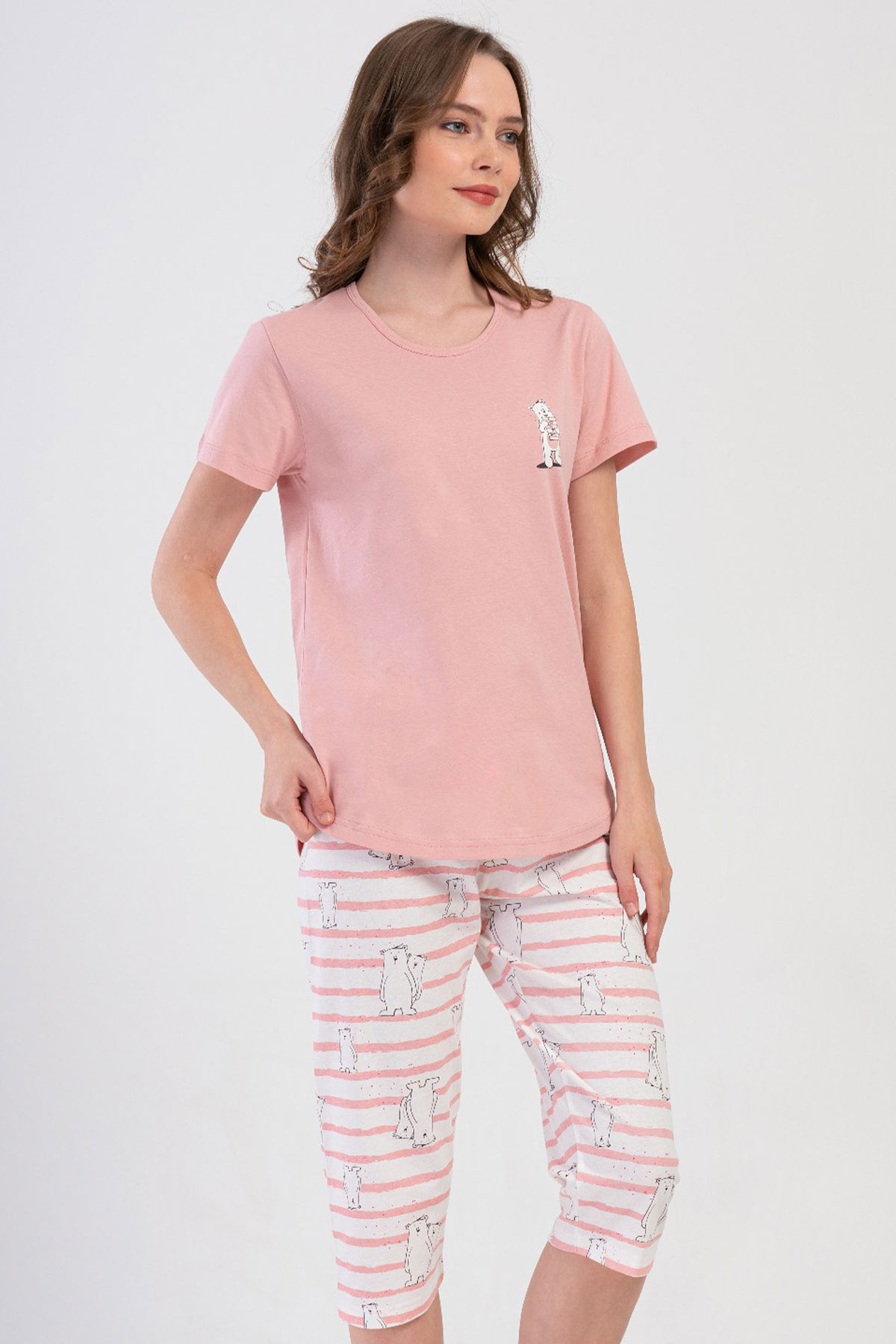 Pamuklu Kadın Kısa Kol Kaprili Pijama Takım
