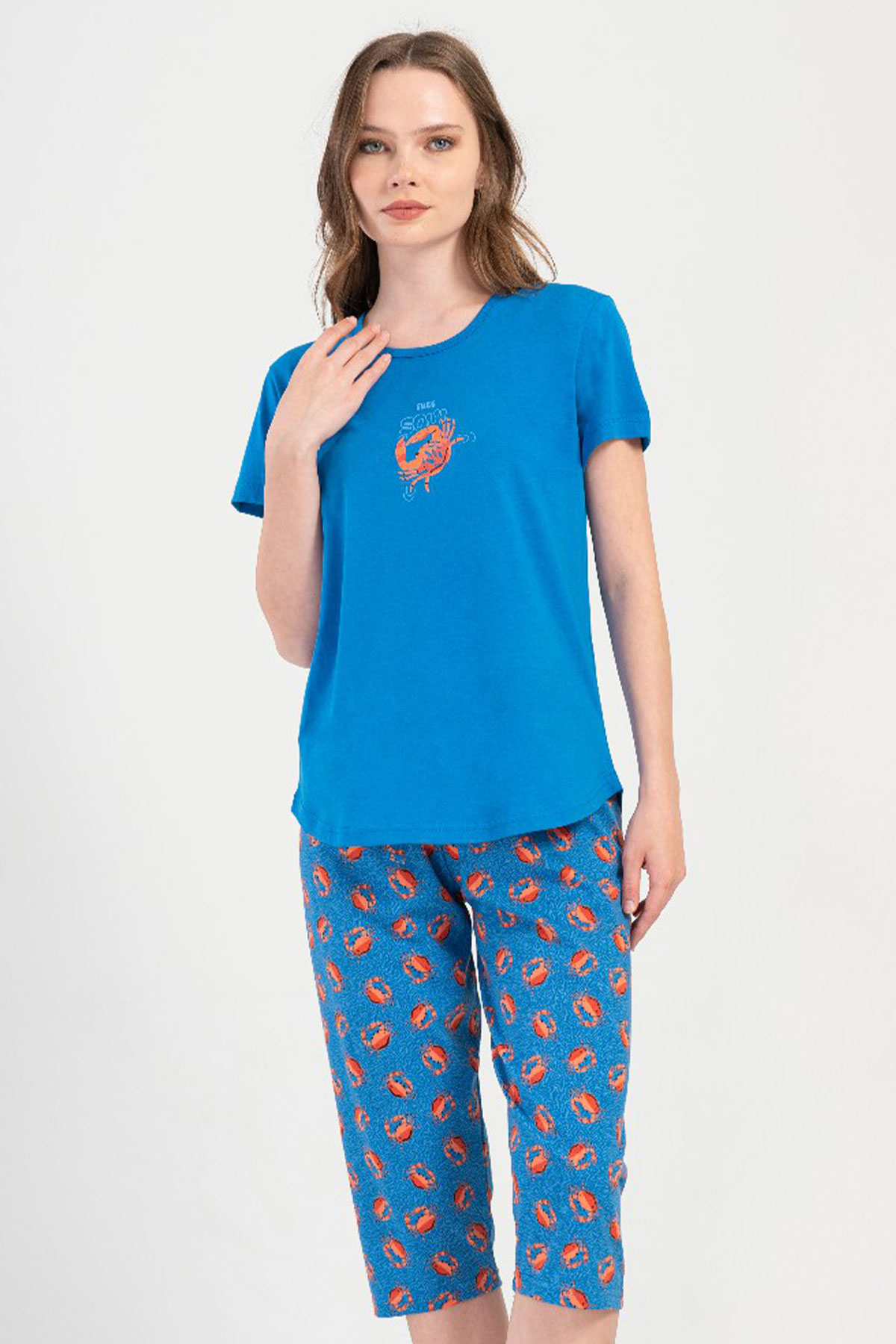 Pamuklu Kadın Kısa Kol Kaprili Pijama Takım
