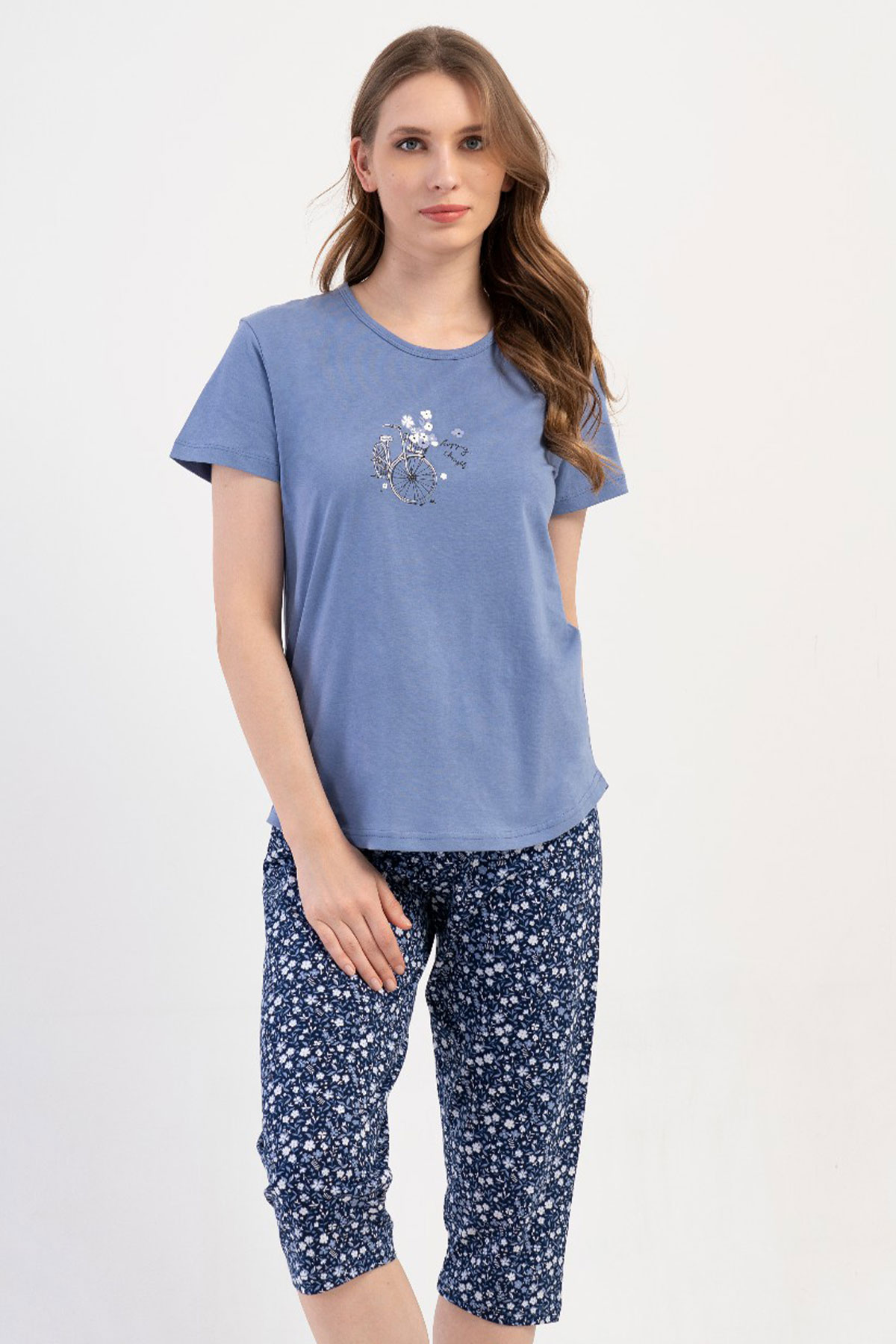 Pamuklu Kadın Kısa Kol Kaprili Pijama Takım
