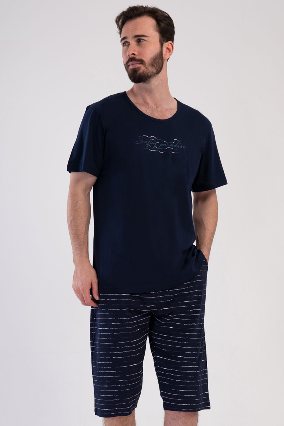 Pamuklu Erkek Kısa Kol Kaprili Pijama Takım
