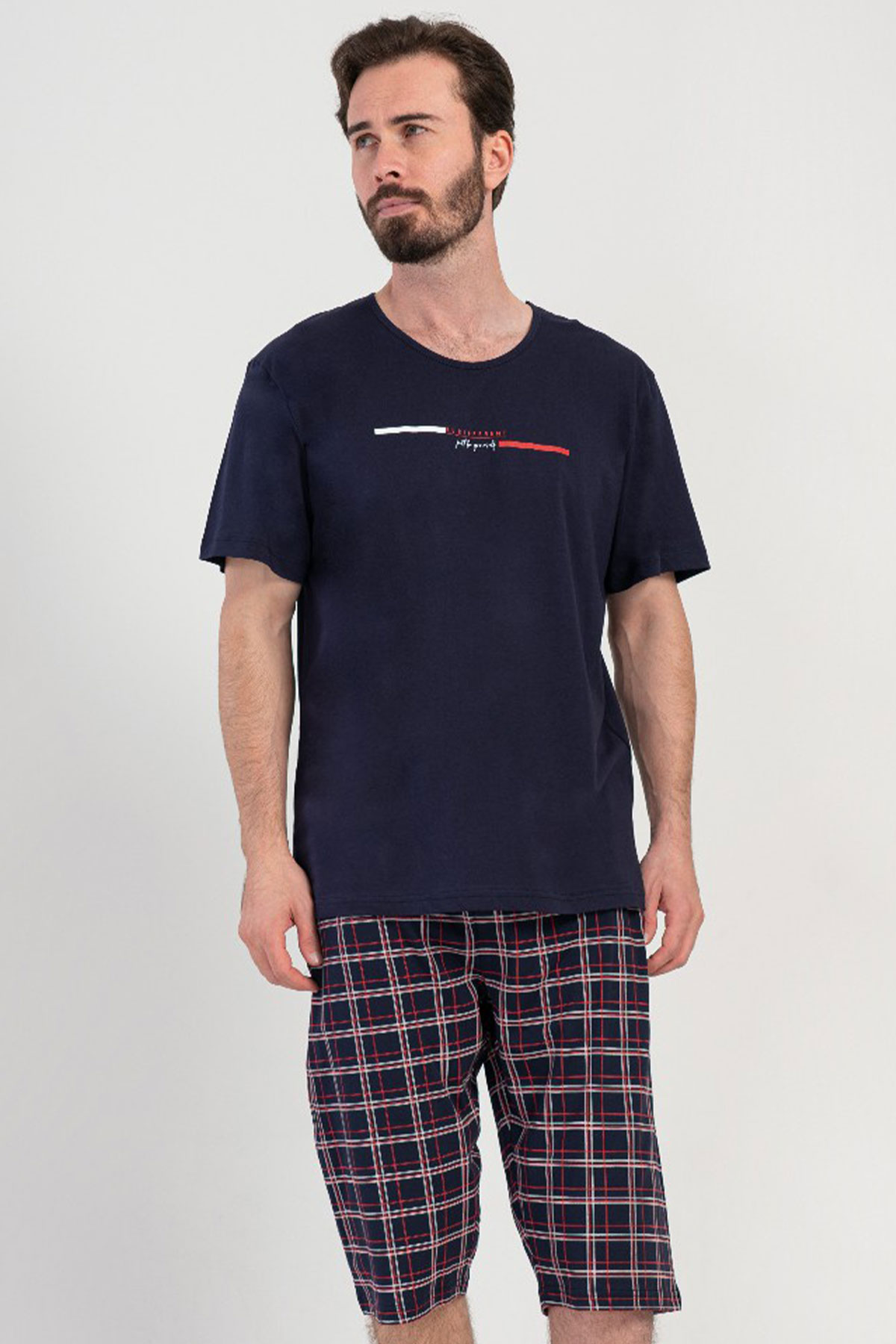 Pamuklu Erkek Büyük Beden Kısa Kol Kaprili Pijama Takım
