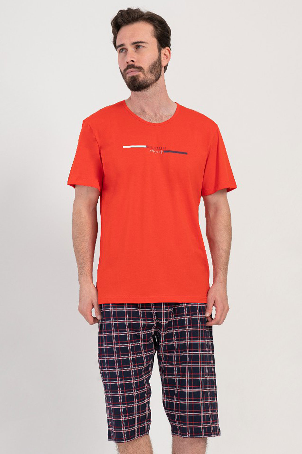Pamuklu Erkek Büyük Beden Kısa Kol Kaprili Pijama Takım

