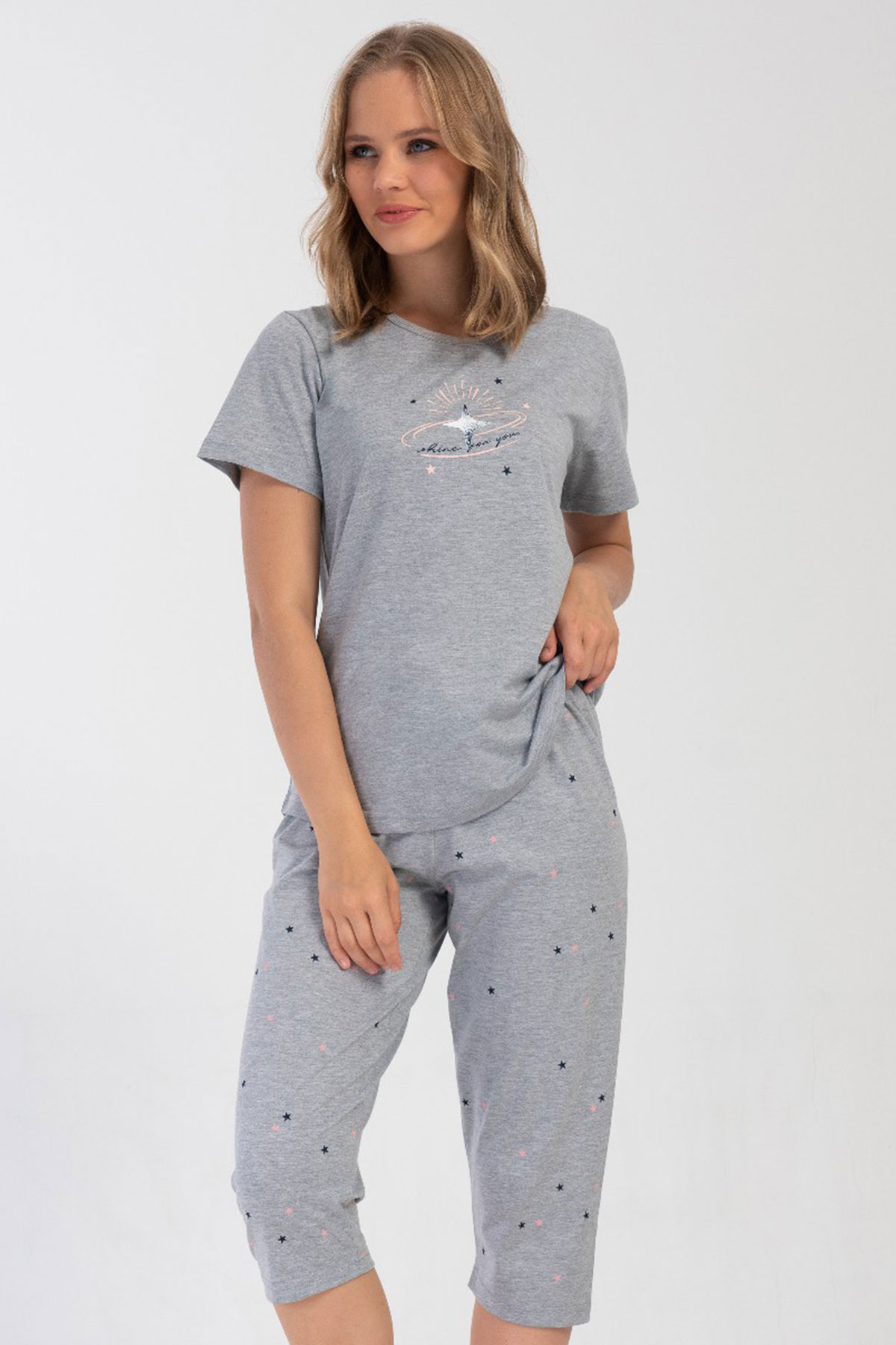 Kadın Büyük Beden Kısa Kol Kaprili Pijama Takım
