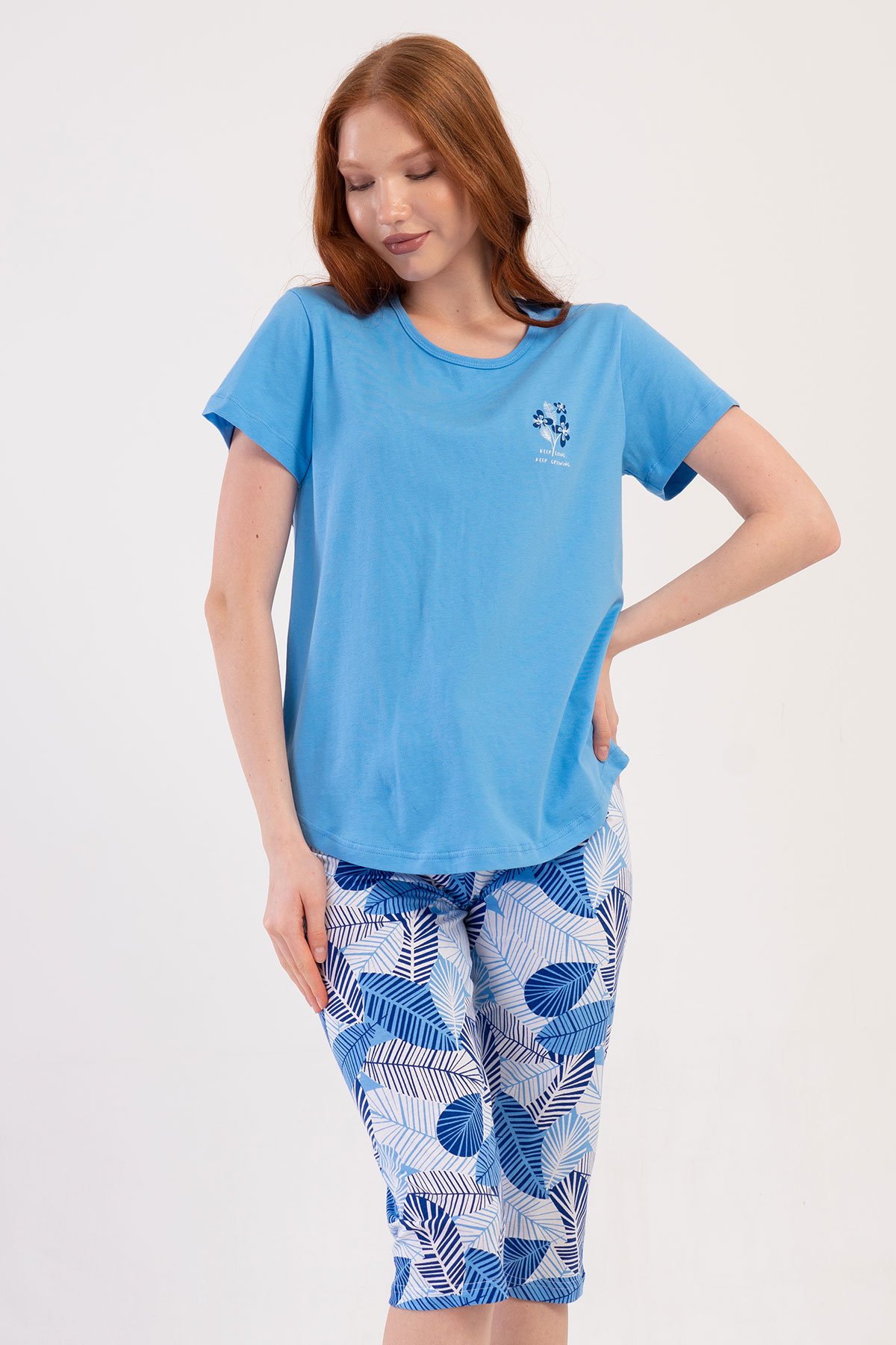 Pamuklu Kadın Kısa Kol Kaprili Pijama Takım
