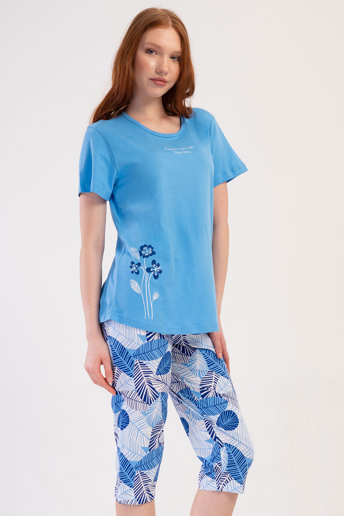 Pamuklu Kadın Büyük Beden Kısa Kol Kaprili Pijama Takım
