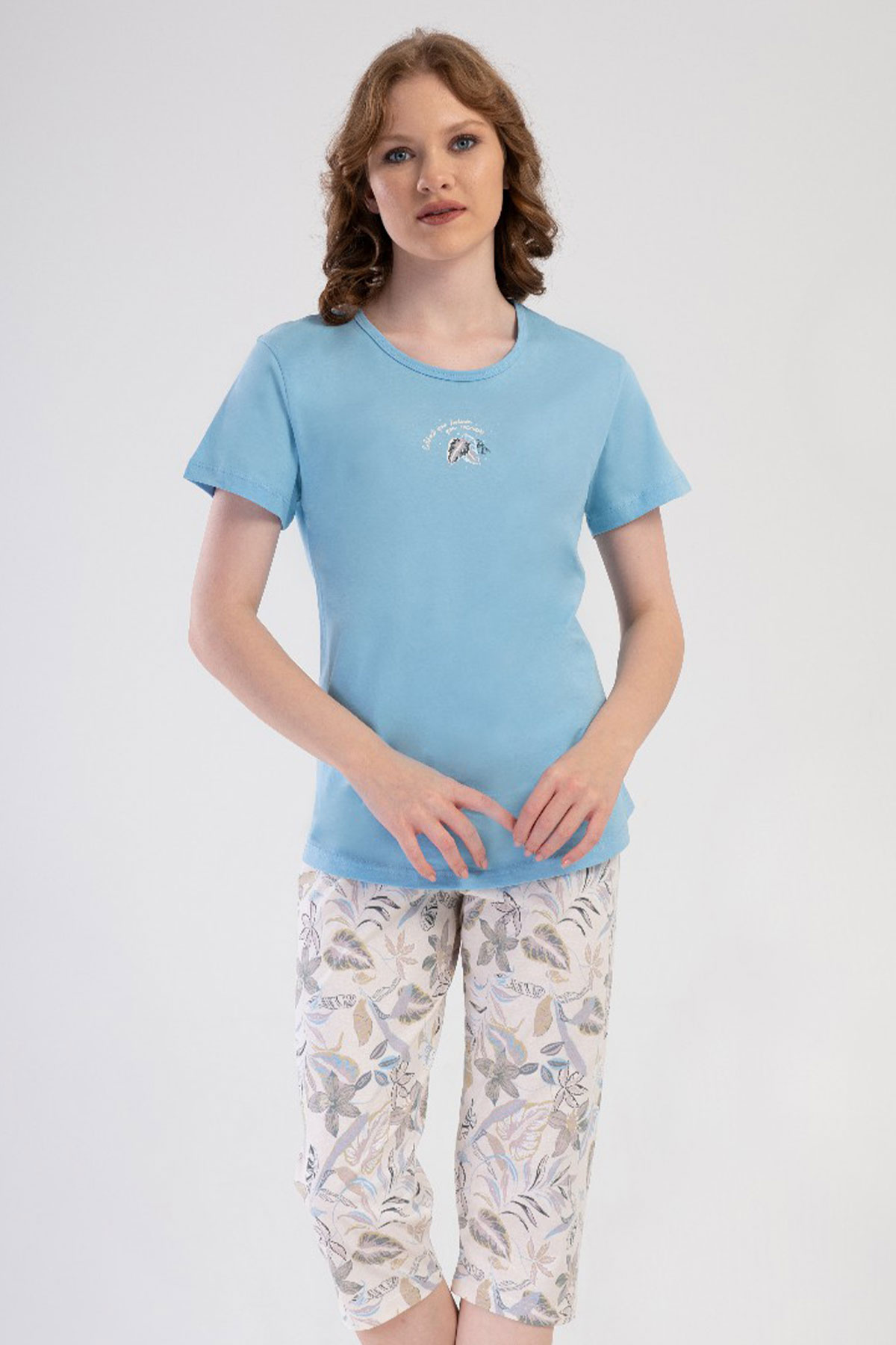 Pamuklu Kadın Kısa Kol Kaprili Pijama Takım
