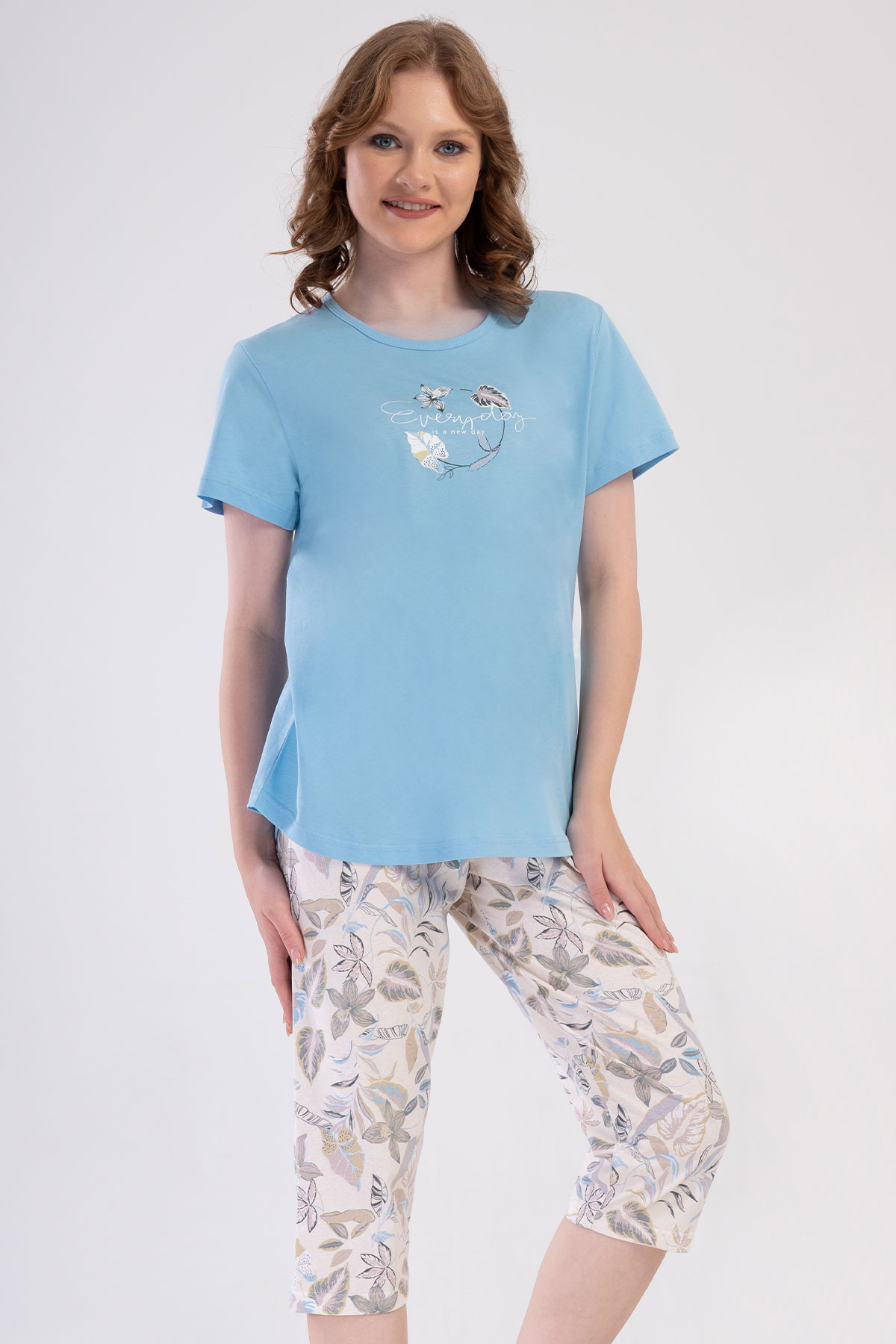 Pamuklu Kadın Büyük Beden Kısa Kol Kaprili Pijama Takım
