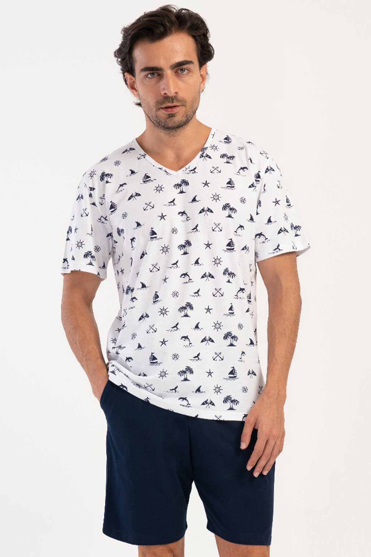 Pamuklu Erkek V Yaka Kısa Kol Şortlu Pijama Takım
