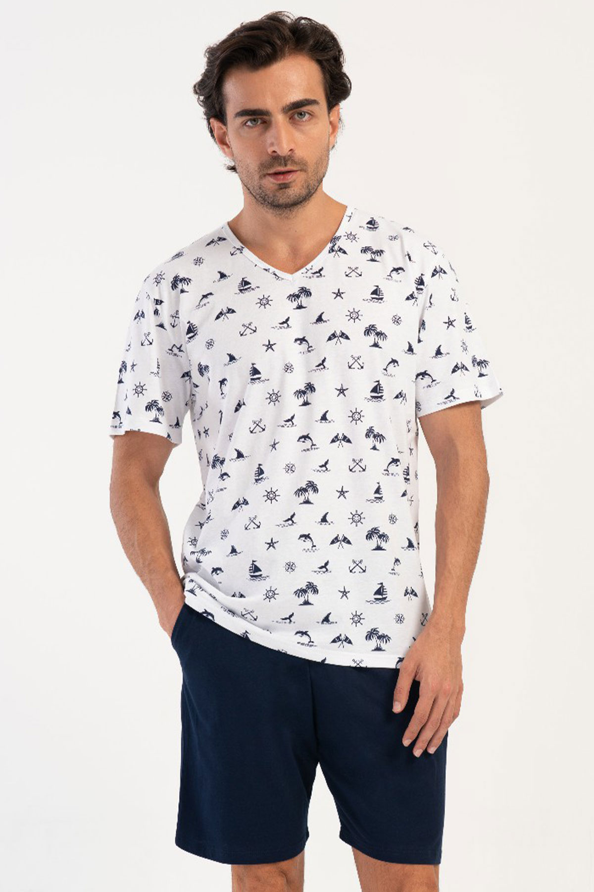 Pamuklu Erkek Büyük Beden V Yaka Kısa Kol Şortlu Pijama Takım
