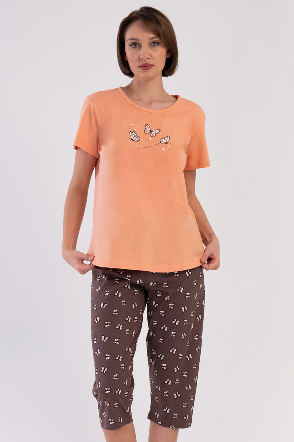 Pamuklu Kadın Büyük Beden Kısa Kol Kaprili Pijama Takım
