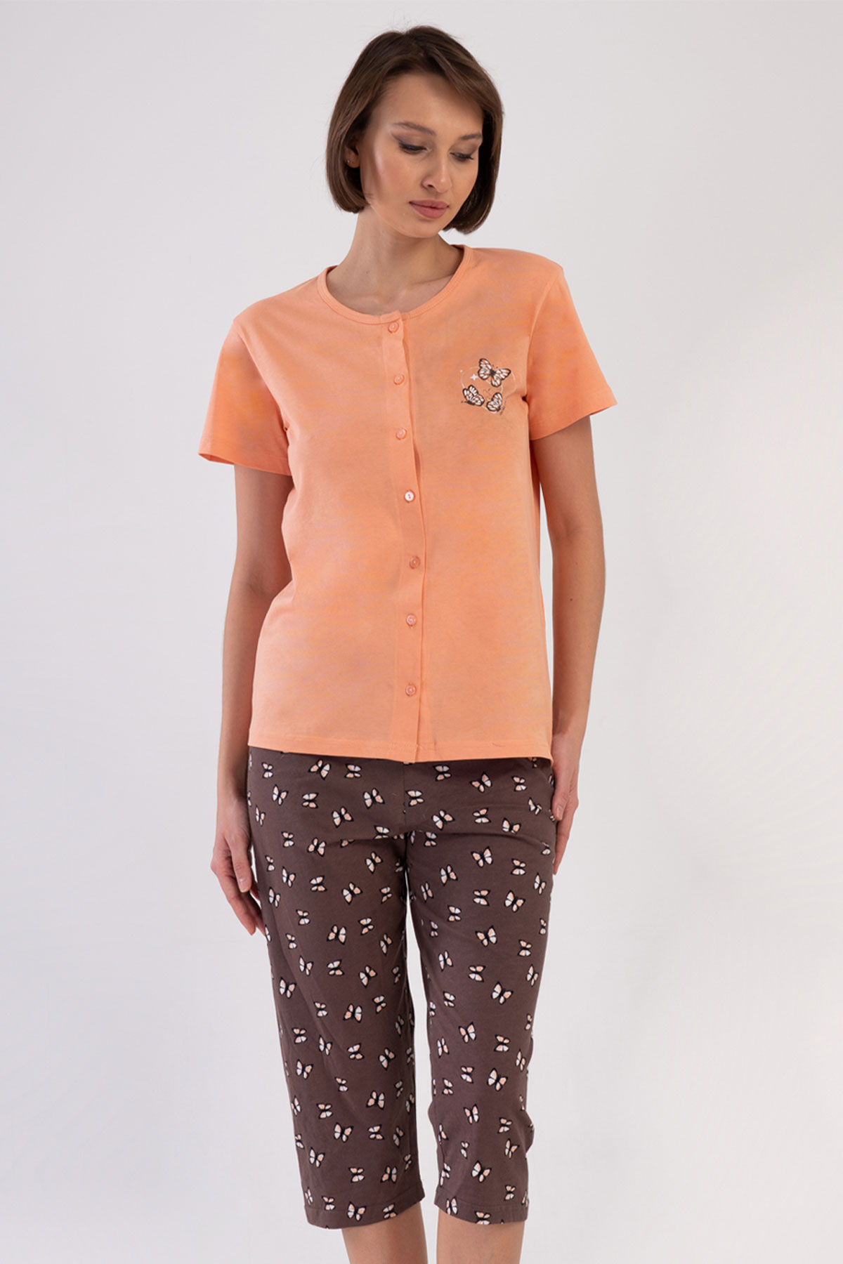 Pamuklu Kadın Tamamı Düğmeli Kısa Kol Kaprili Pijama Takım
