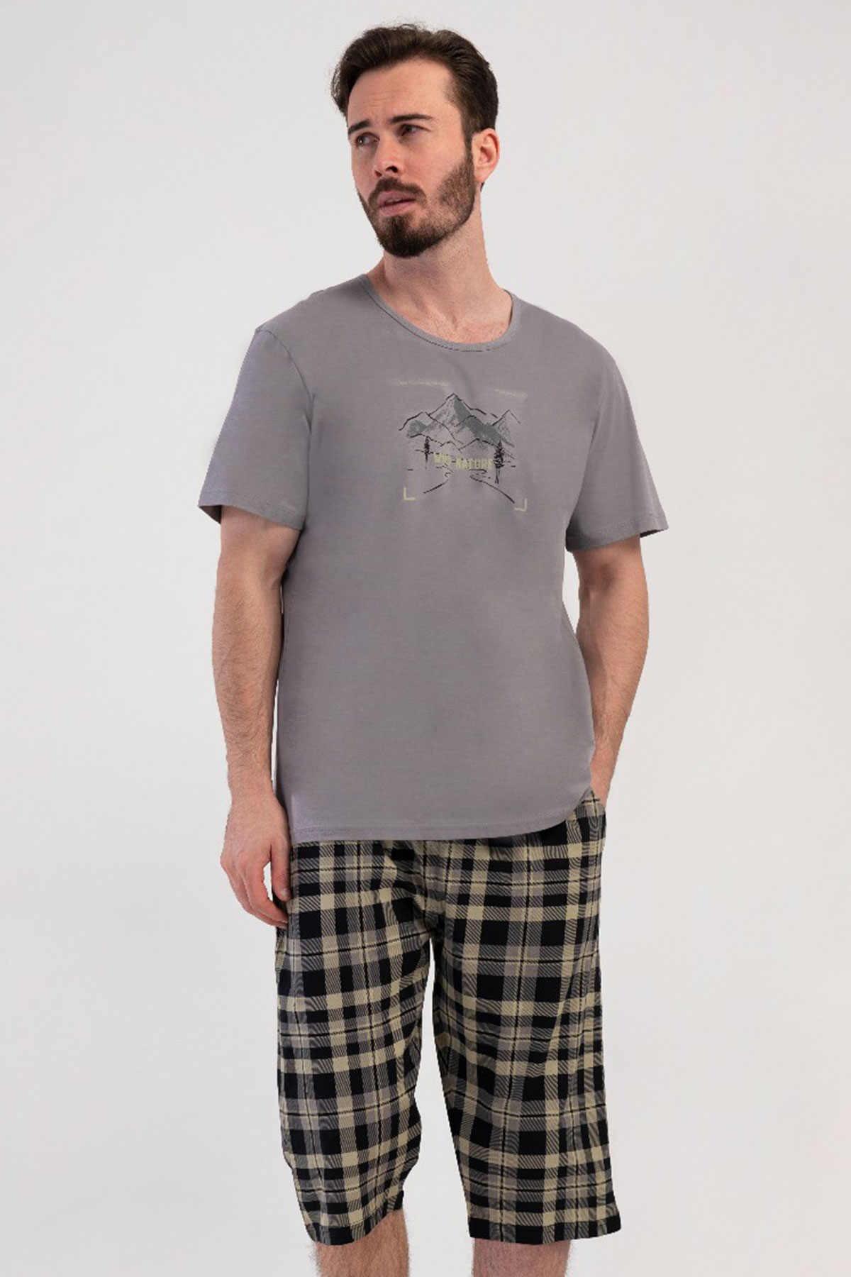 Pamuklu Erkek Kısa Kol Kaprili Pijama Takım
