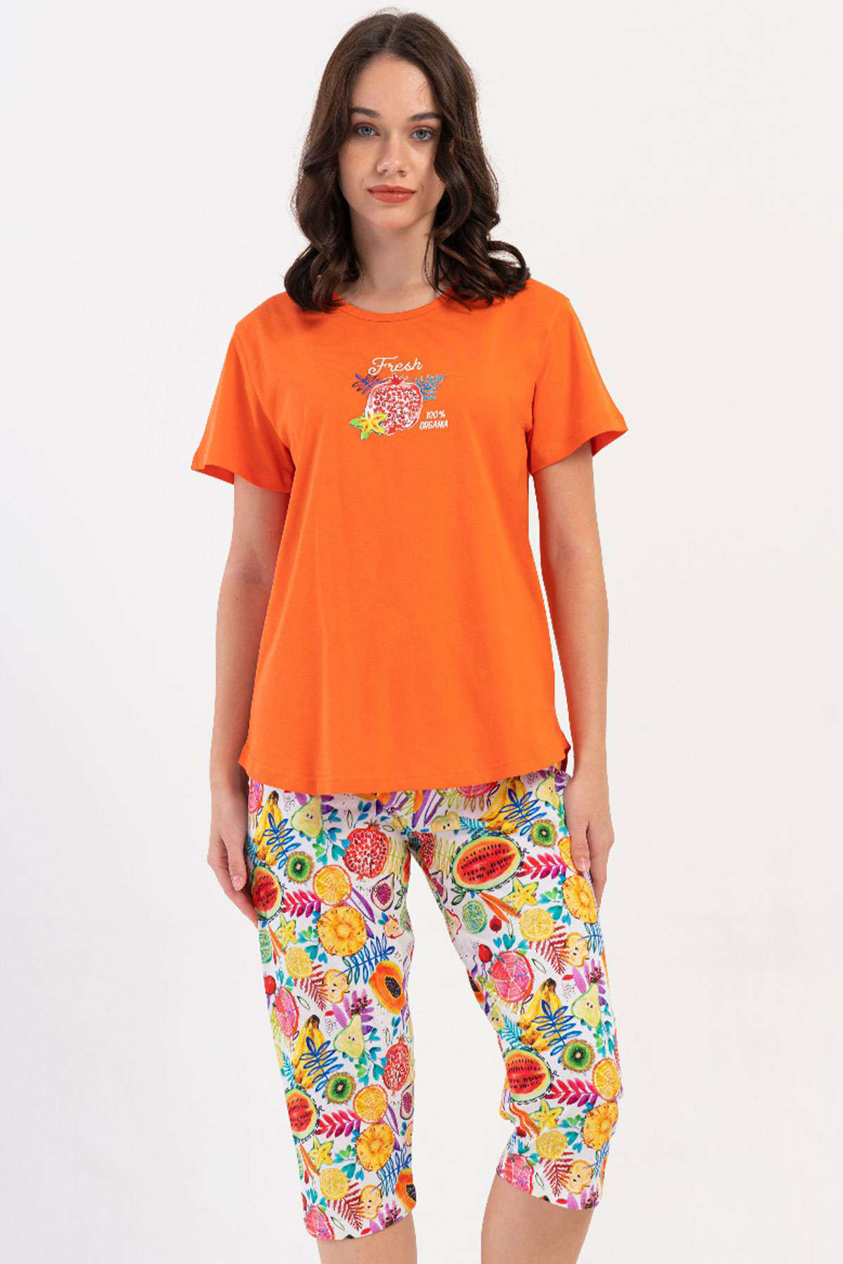 Pamuklu Kadın Kısa Kol Kaprili Pijama Takım
