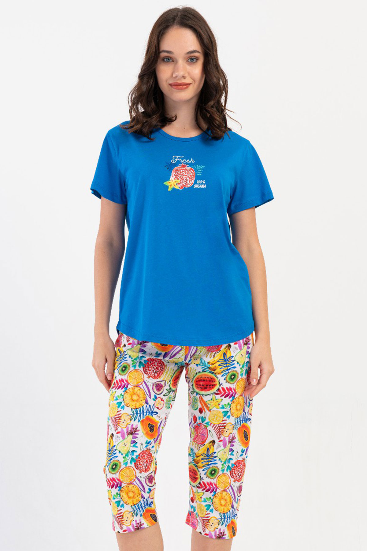 Pamuklu Kadın Kısa Kol Kaprili Pijama Takım
